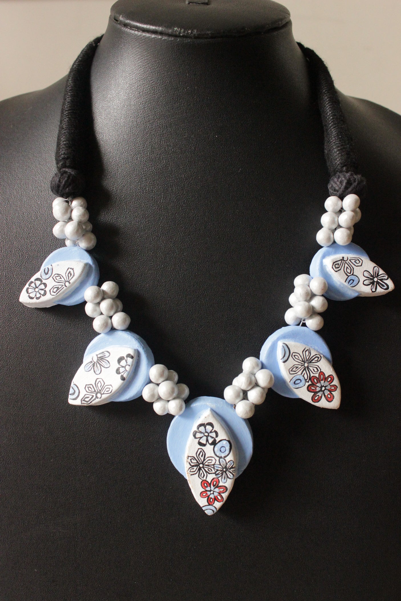 Sky Blue Flowers Hand Painted Terracotta Clay Choker Necklace Set with Adjustable Thread Closure