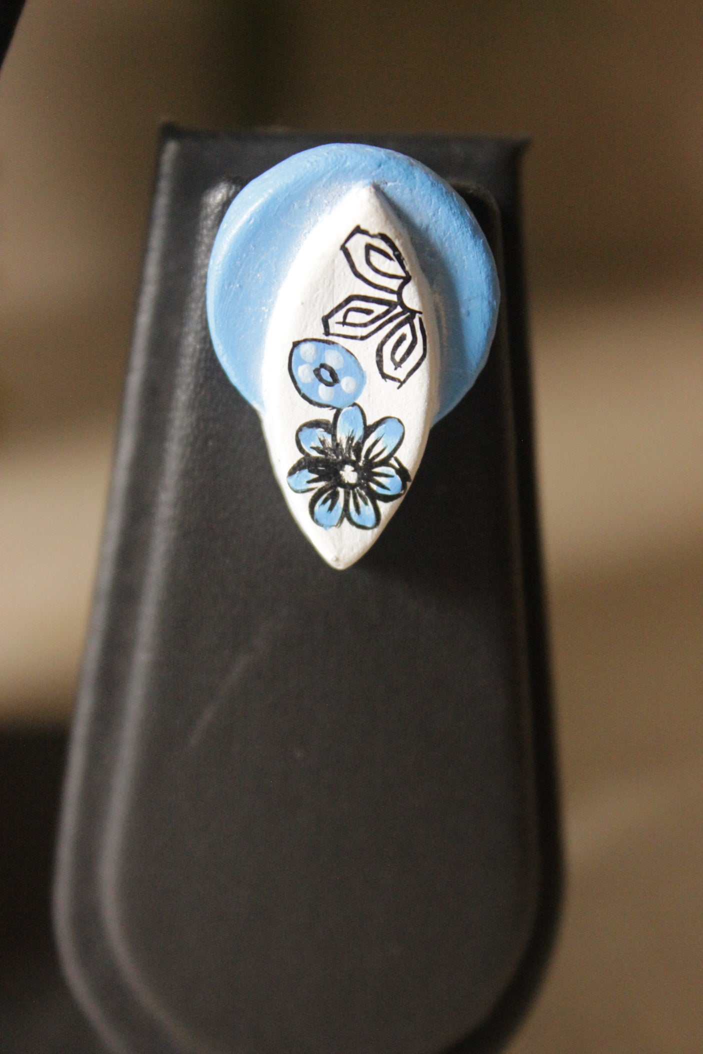 Sky Blue Flowers Hand Painted Terracotta Clay Choker Necklace Set with Adjustable Thread Closure