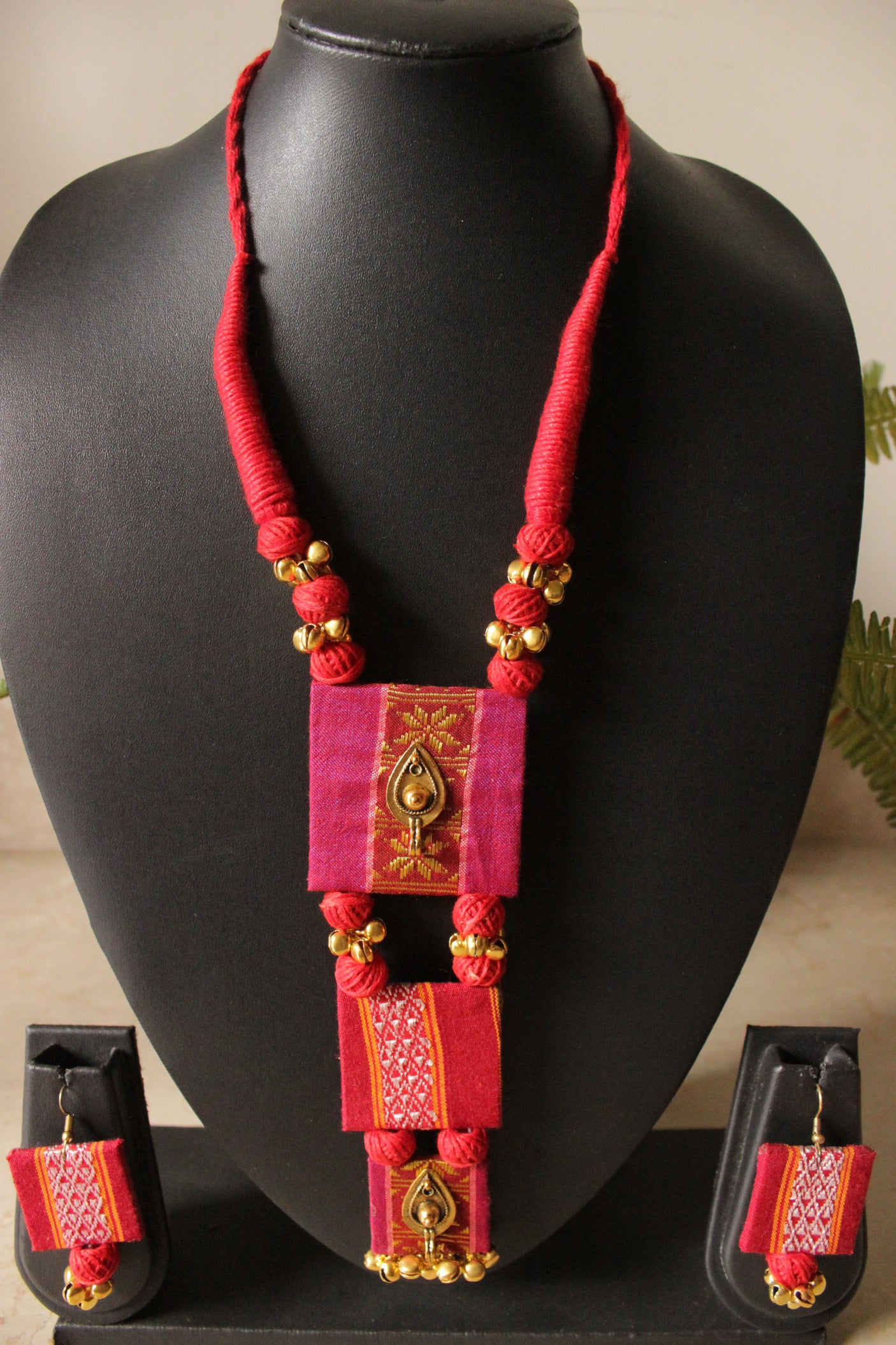 Fabric Handcrafted Ghungroo Embellished 3 Layer Pendant Necklace Set with Adjustable Closure