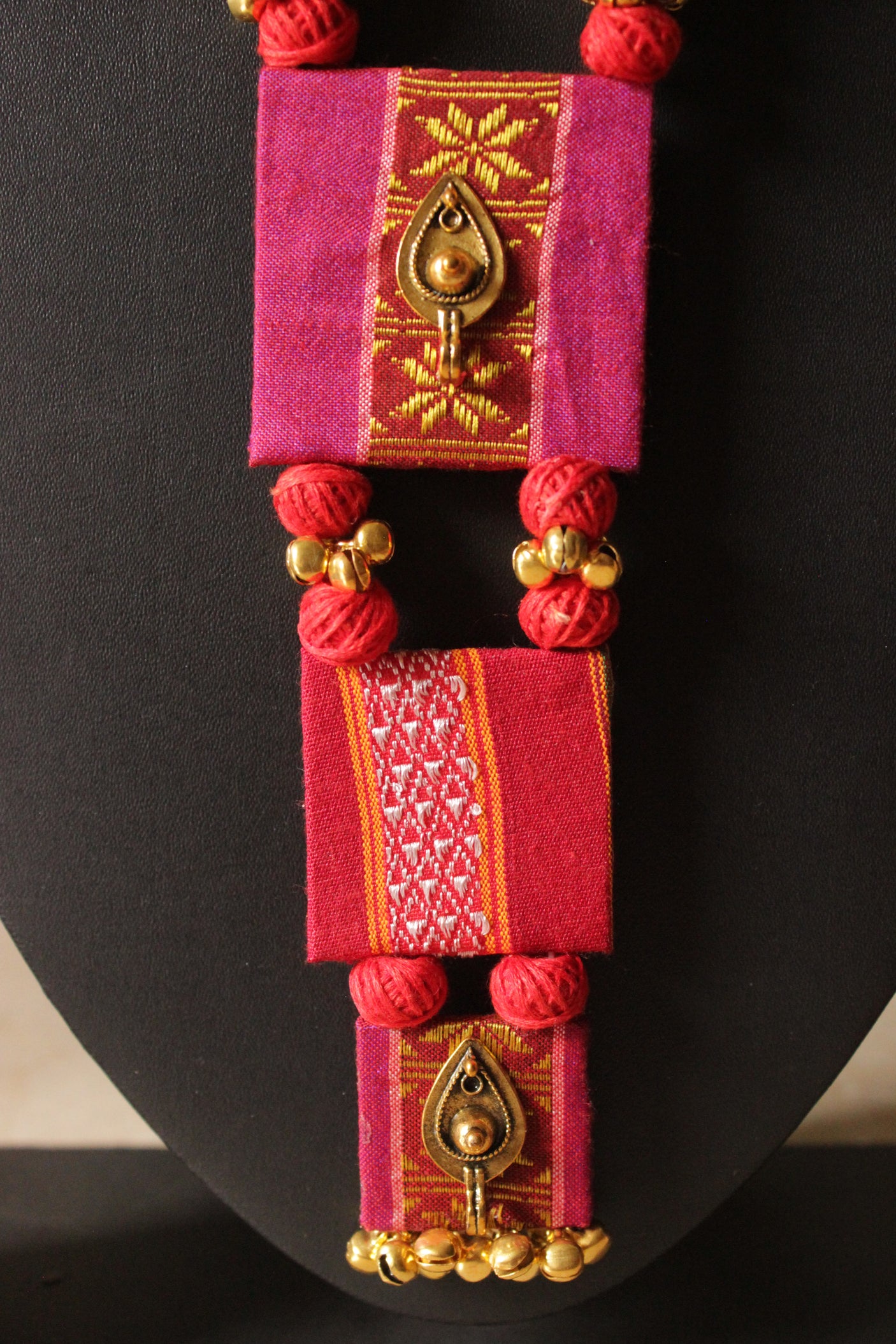 Fabric Handcrafted Ghungroo Embellished 3 Layer Pendant Necklace Set with Adjustable Closure