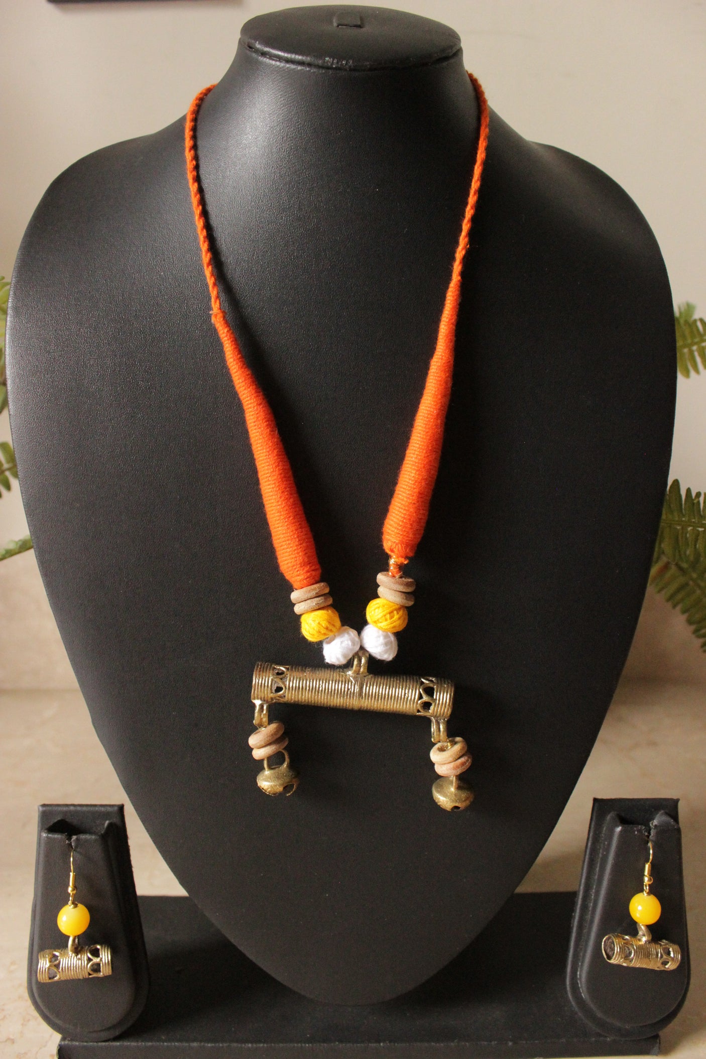 Orange Hand Braided Dhokra Pendant Adjustable Closure Necklace Set