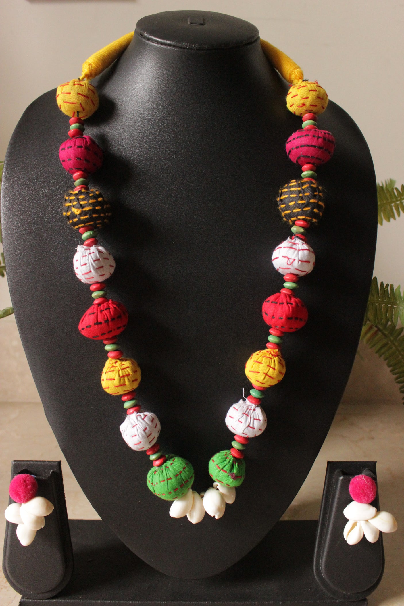 Multi-Color Hand Stitched Fabric Beads and Shell Work Fabric Necklace Set