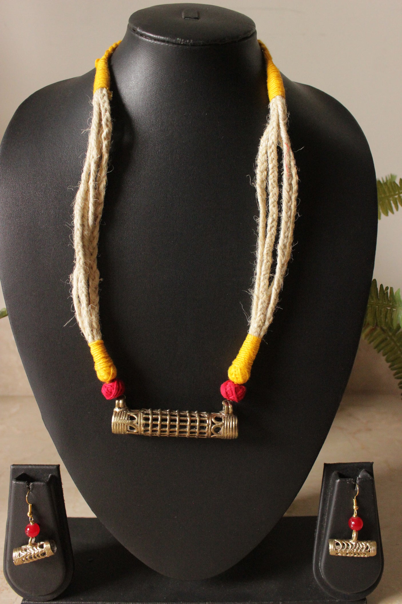 Off-White Hand Braided Dhokra Pendant Adjustable Closure Necklace Set