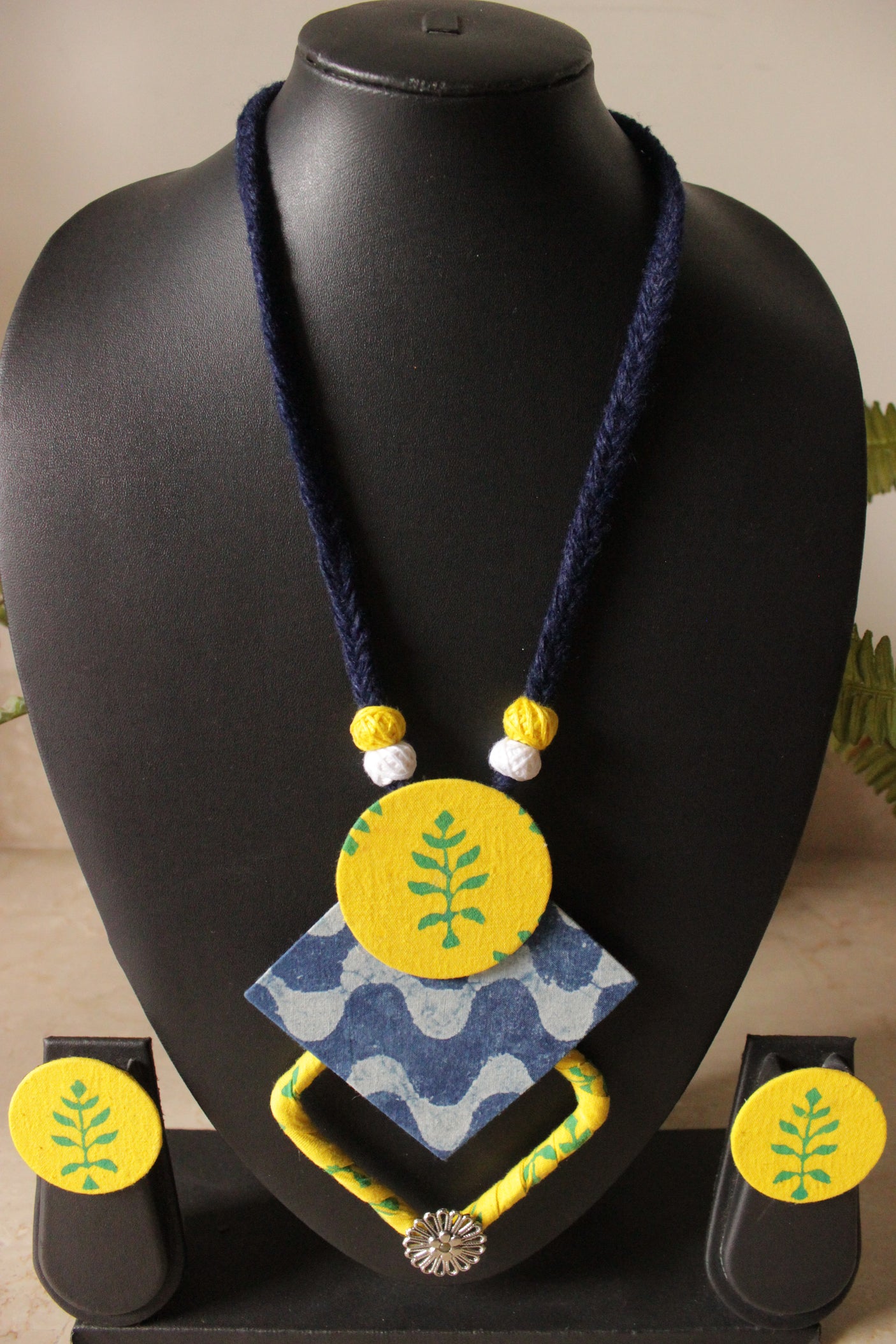Earthy Indigo & Yellow Fabric Choker Necklace Set with Stud Earrings and Adjustable Thread Closure