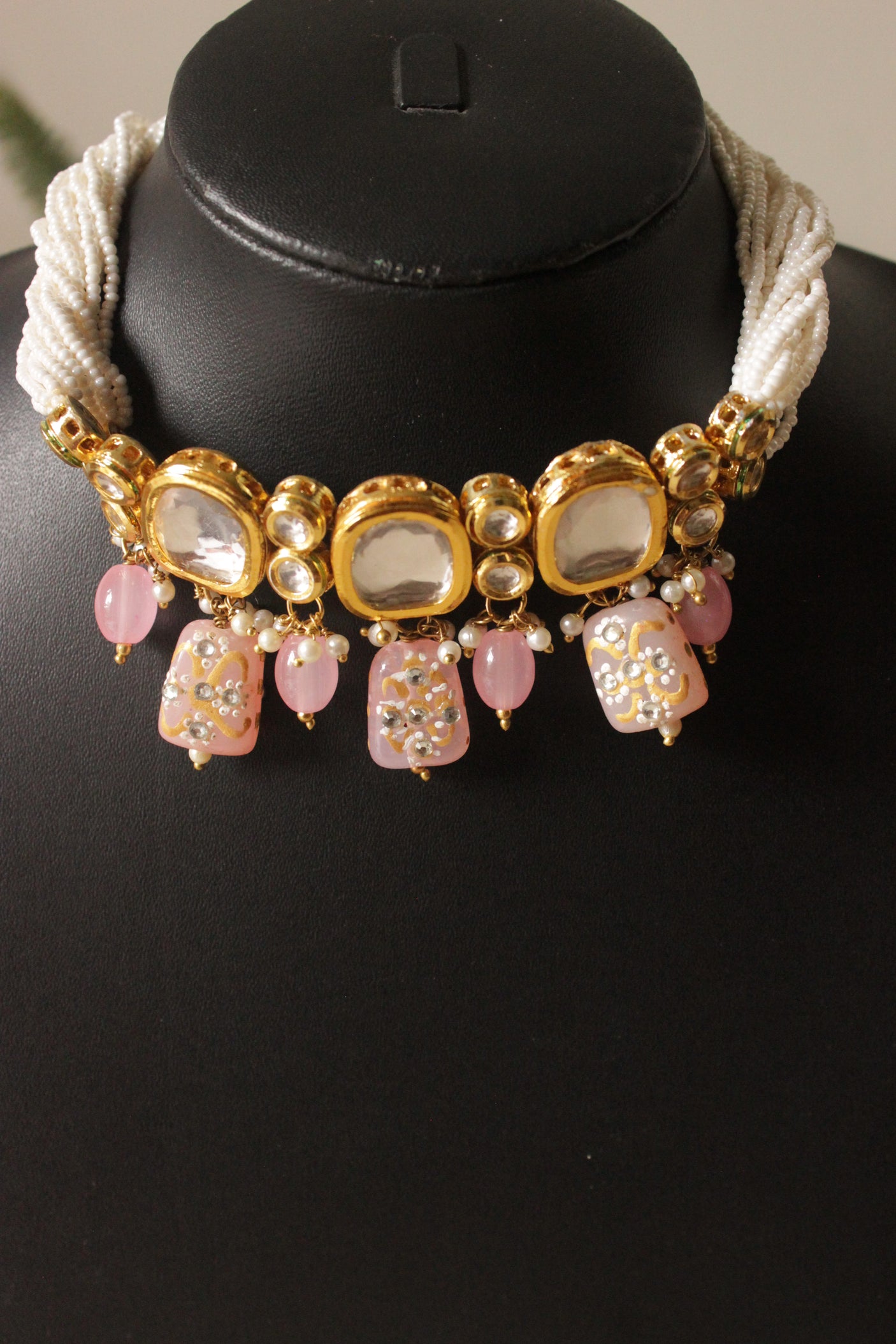 Kundan Stones and Meenakari Work Beaded Festive Adjustable Closure Choker Necklace Set