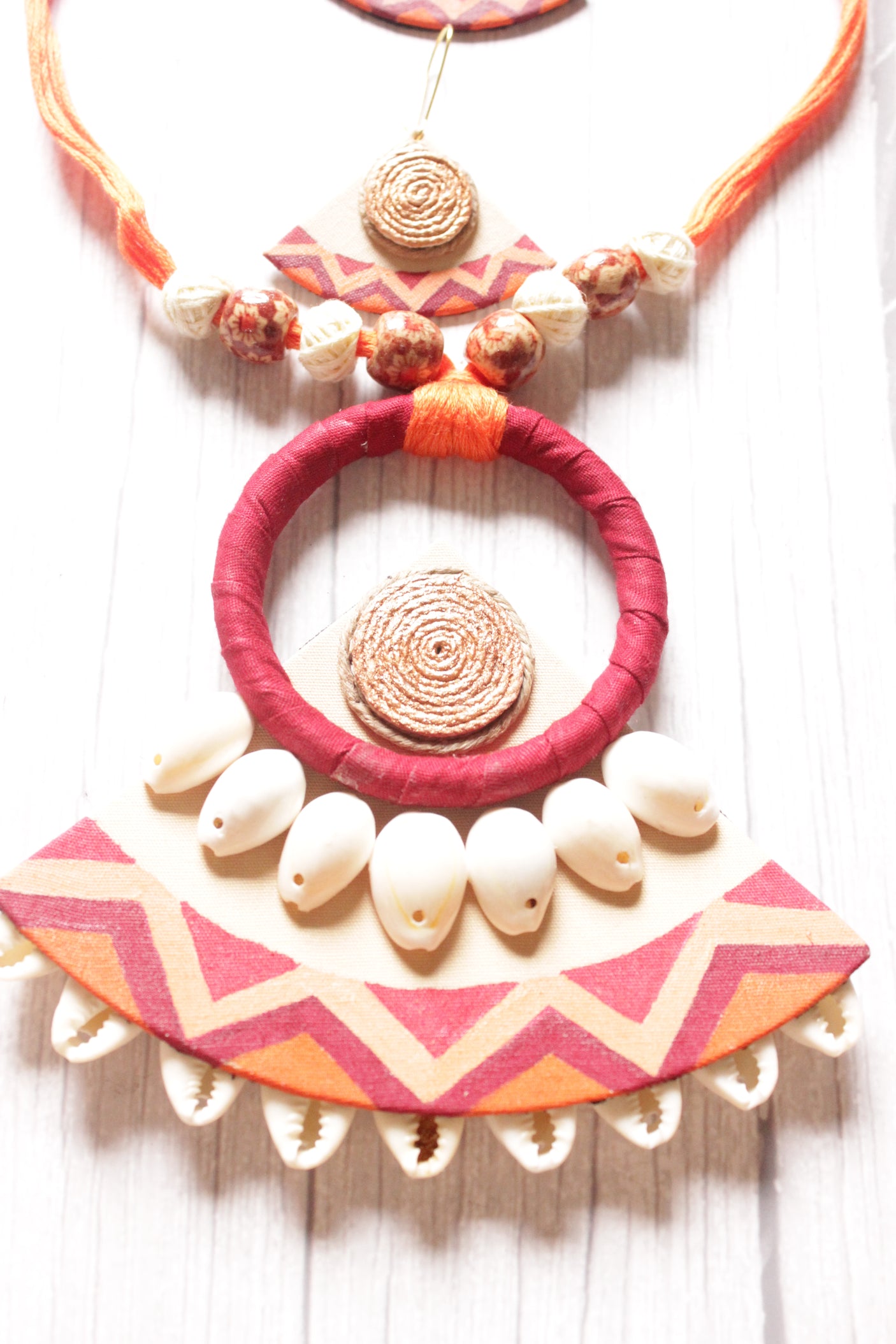 Earthy Multi-Color Fabric Handcrafted and Hand Painted Shell Work Necklace Set