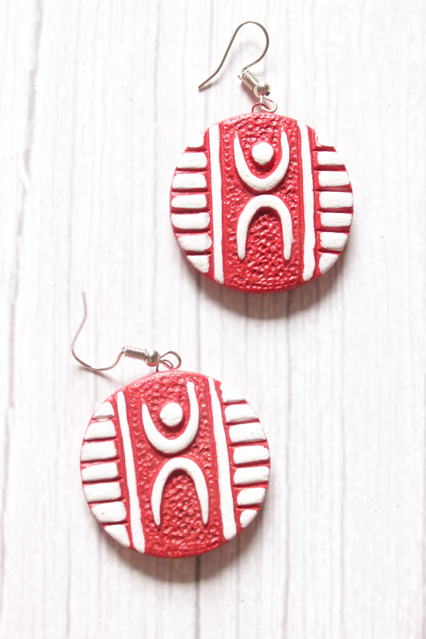 Red & White Handcrafted Terracotta Clay Neklace Set with Adjustable Thread Closure
