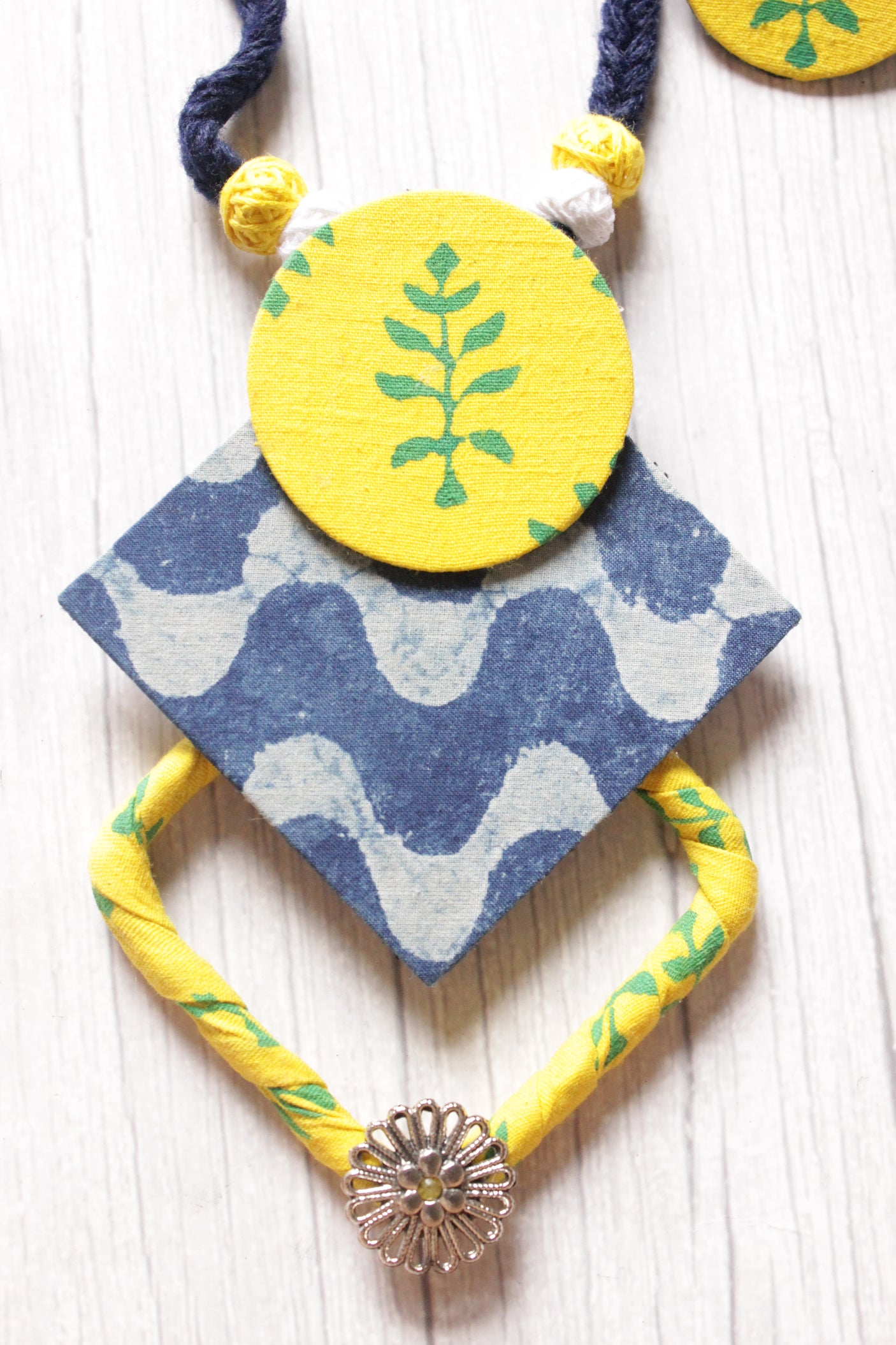 Earthy Indigo & Yellow Fabric Choker Necklace Set with Stud Earrings and Adjustable Thread Closure