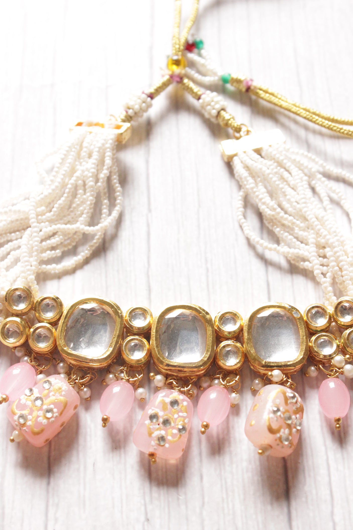 Kundan Stones and Meenakari Work Beaded Festive Adjustable Closure Choker Necklace Set