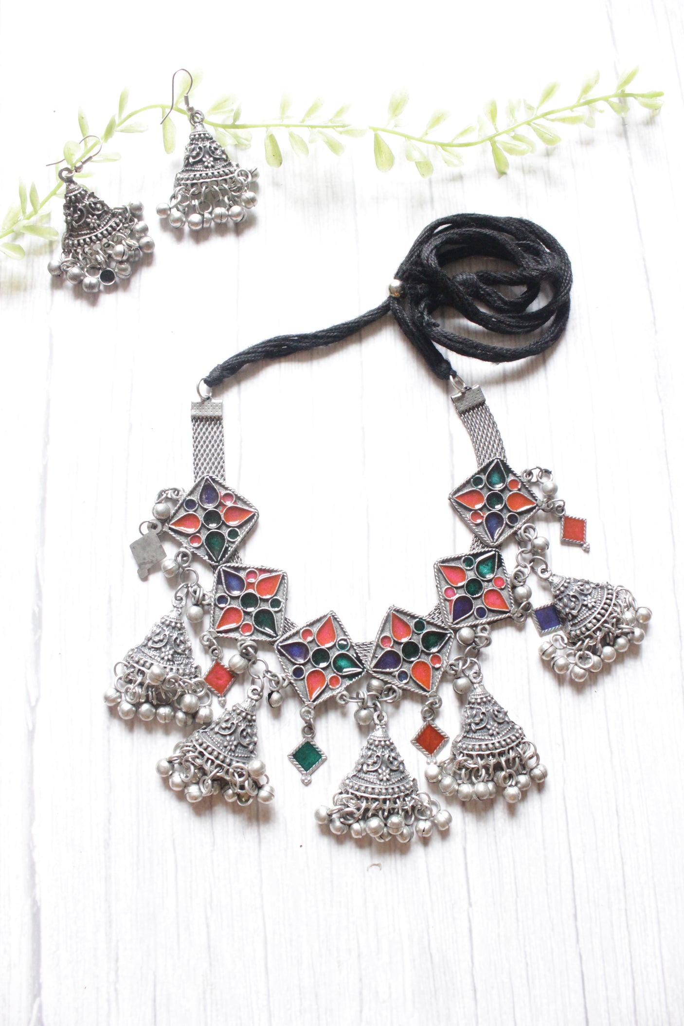 Multi-Color Enamel Painted Elaborate Oxidised Finish Choker Necklace Set