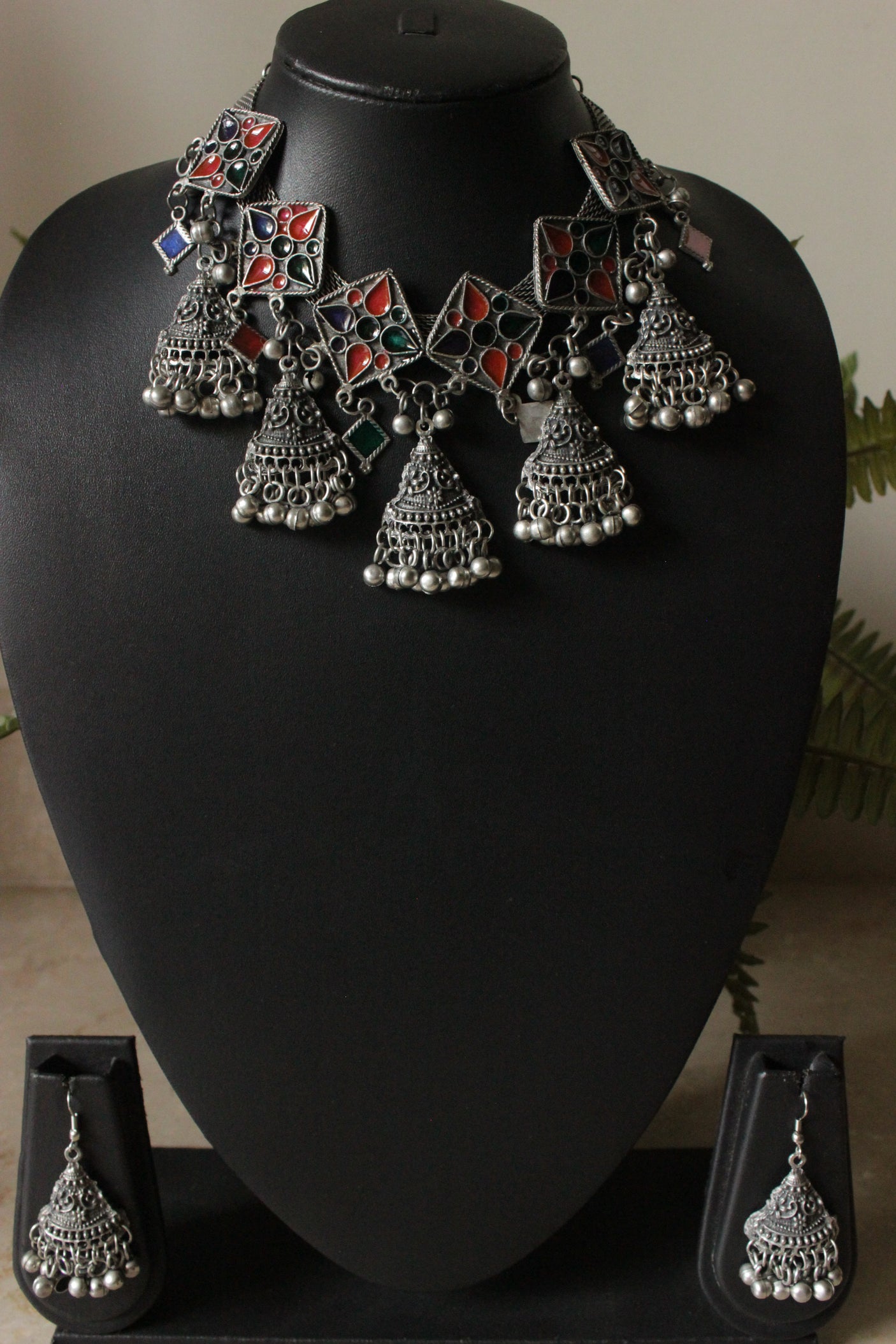 Multi-Color Enamel Painted Elaborate Oxidised Finish Choker Necklace Set