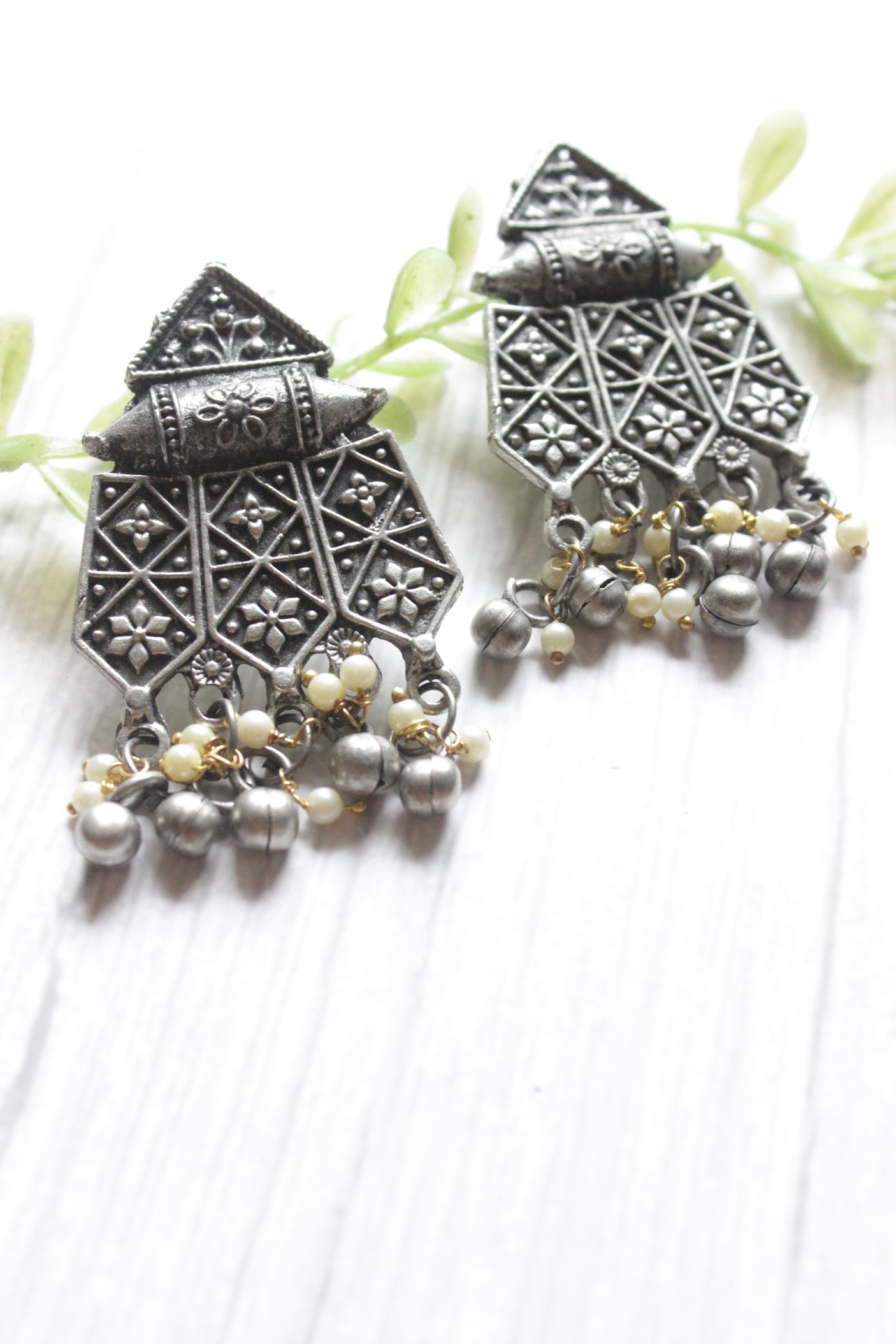 Elephant Motif Intricately Detailed Long Oxidised Finish Chain Necklace Set with Dori Closure