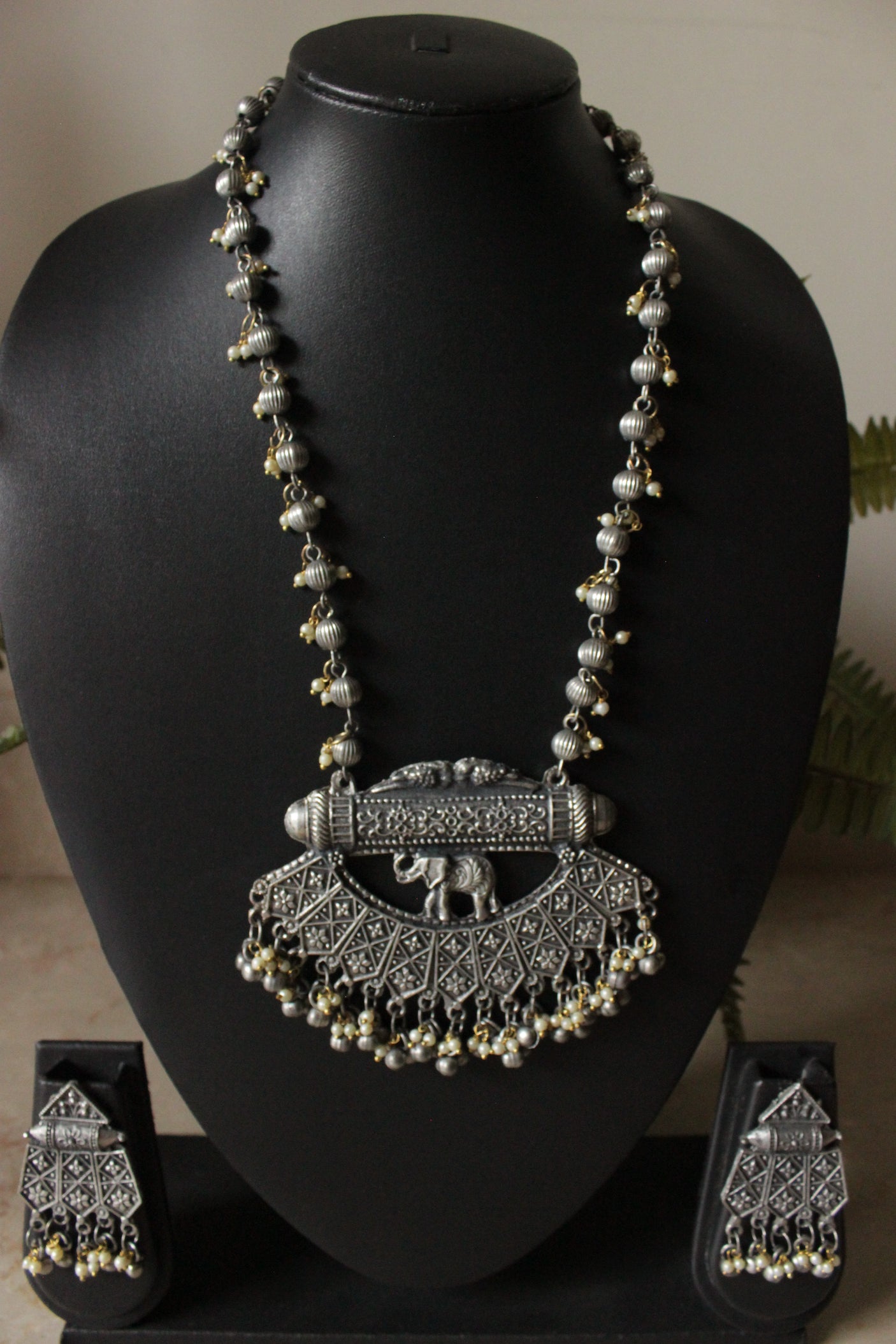 Elephant Motif Intricately Detailed Long Oxidised Finish Chain Necklace Set with Dori Closure