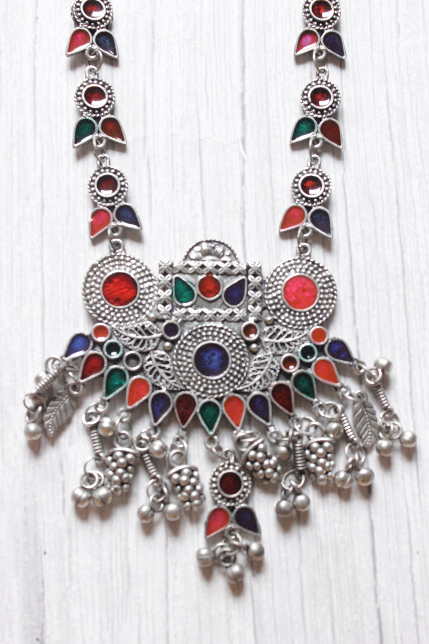 Multi-Color Enamel Painted Intricately Detailed Long Silver Finish Chain Necklace Set with Dori Closure