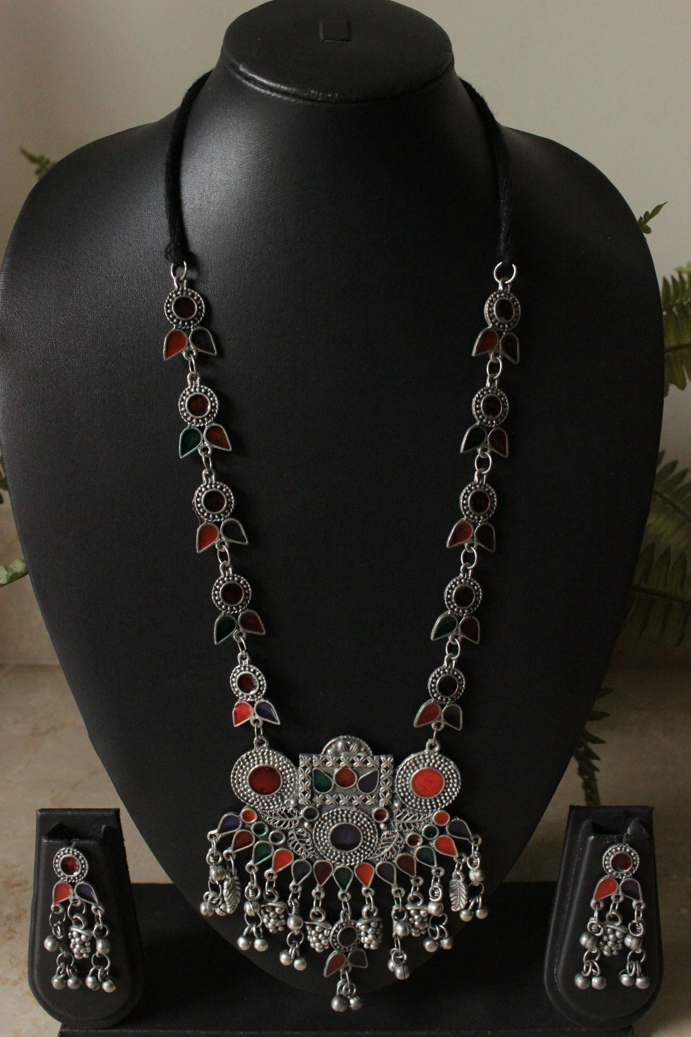 Multi-Color Enamel Painted Intricately Detailed Long Silver Finish Chain Necklace Set with Dori Closure