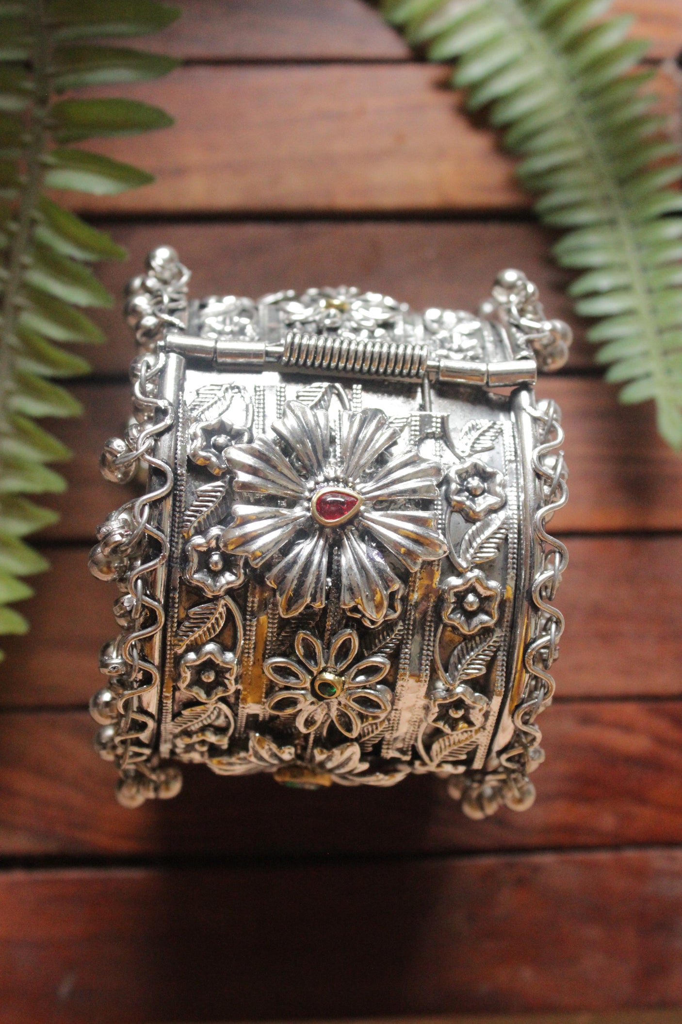 Oxidised Silver Finish Intricately Detailed Metal Bracelet/Kada