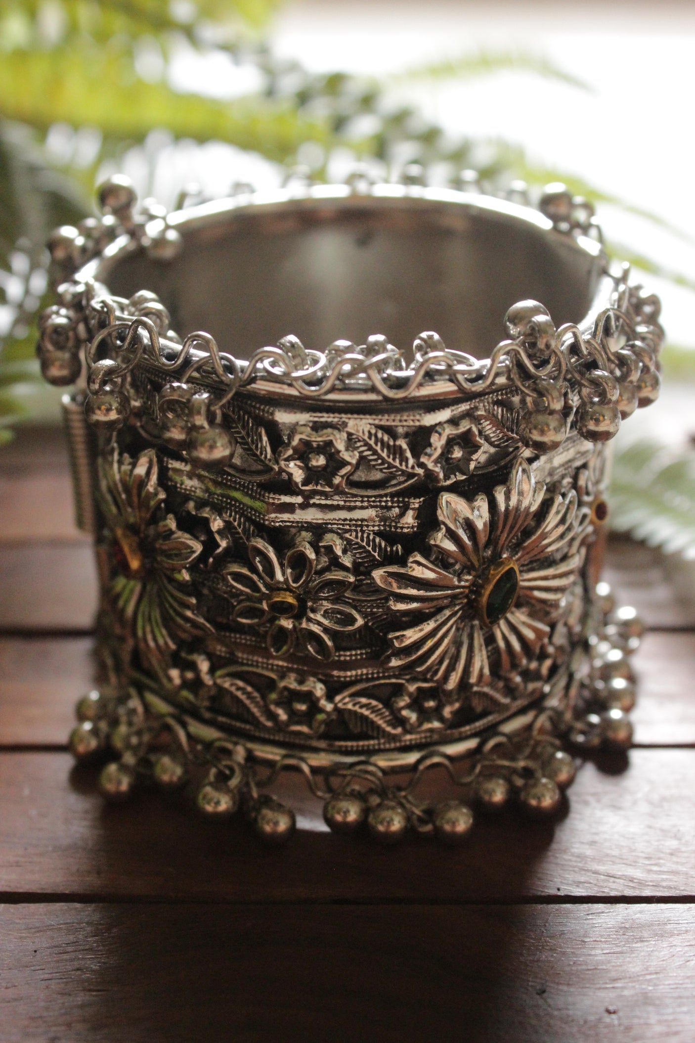 Oxidised Silver Finish Intricately Detailed Metal Bracelet/Kada