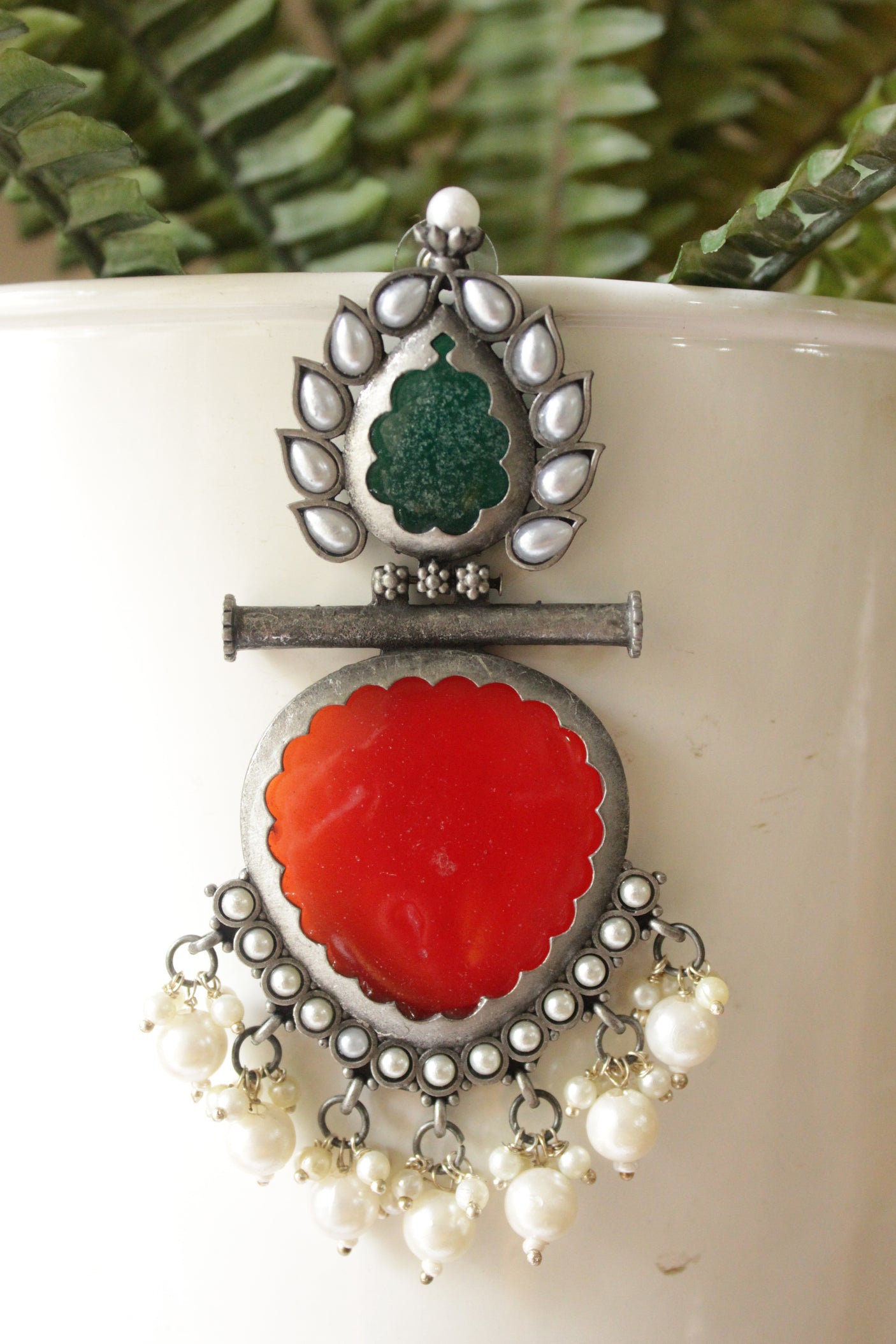 Red & Green Enamel Painted Oxidised Finish Earrings