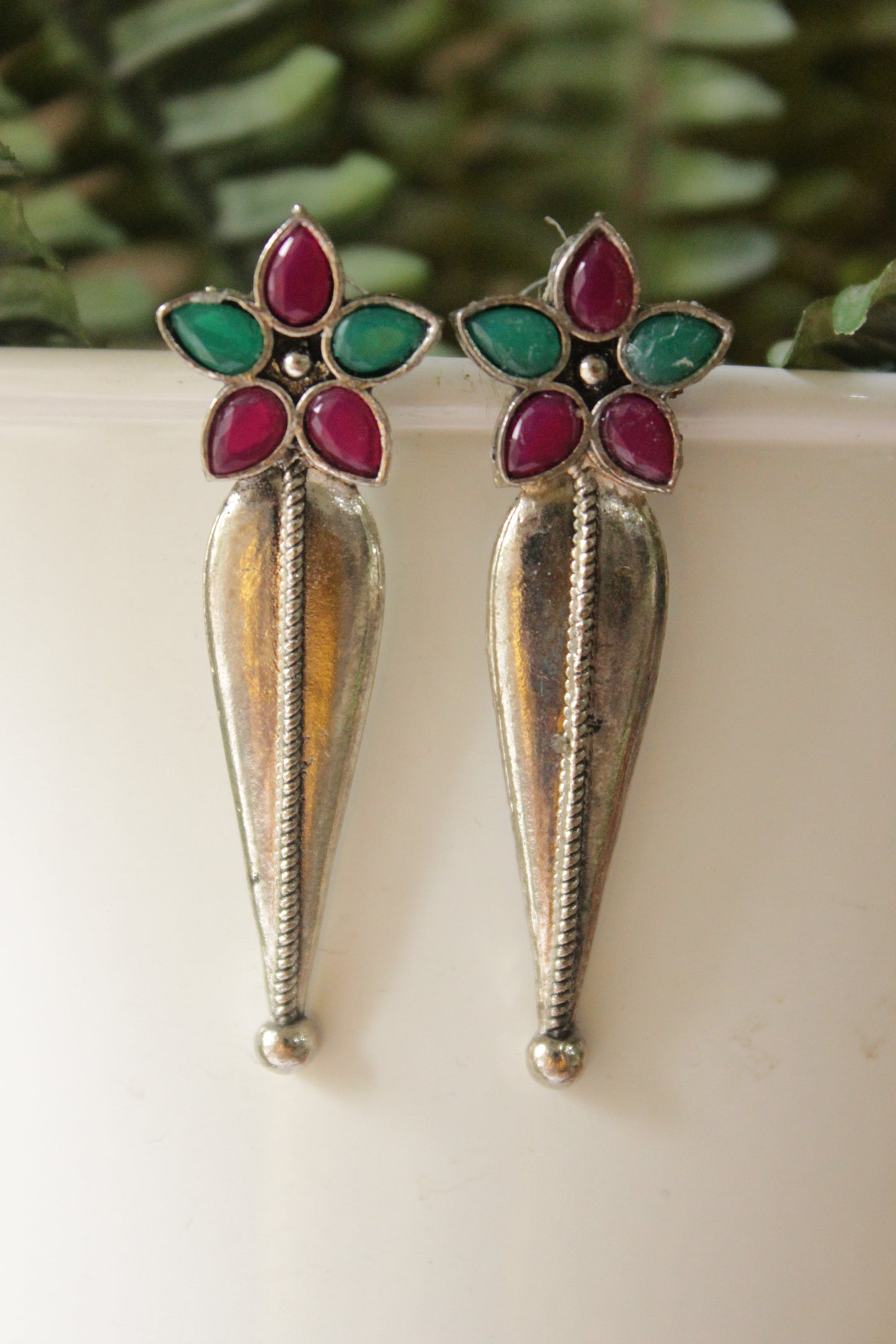 Fuchsia & Green Glass Stones Embedded Silver Finish Drop Earrings