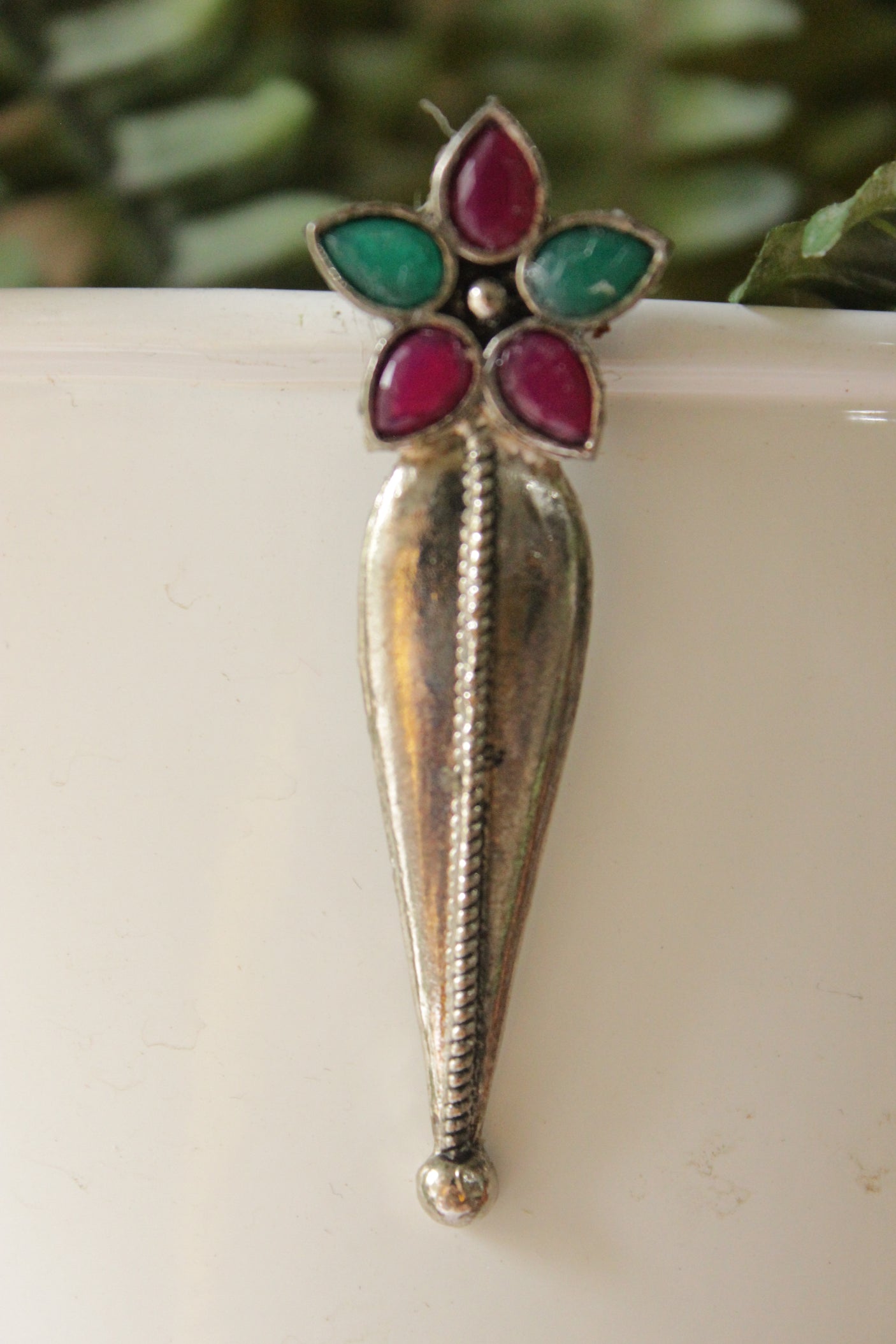 Fuchsia & Green Glass Stones Embedded Silver Finish Drop Earrings