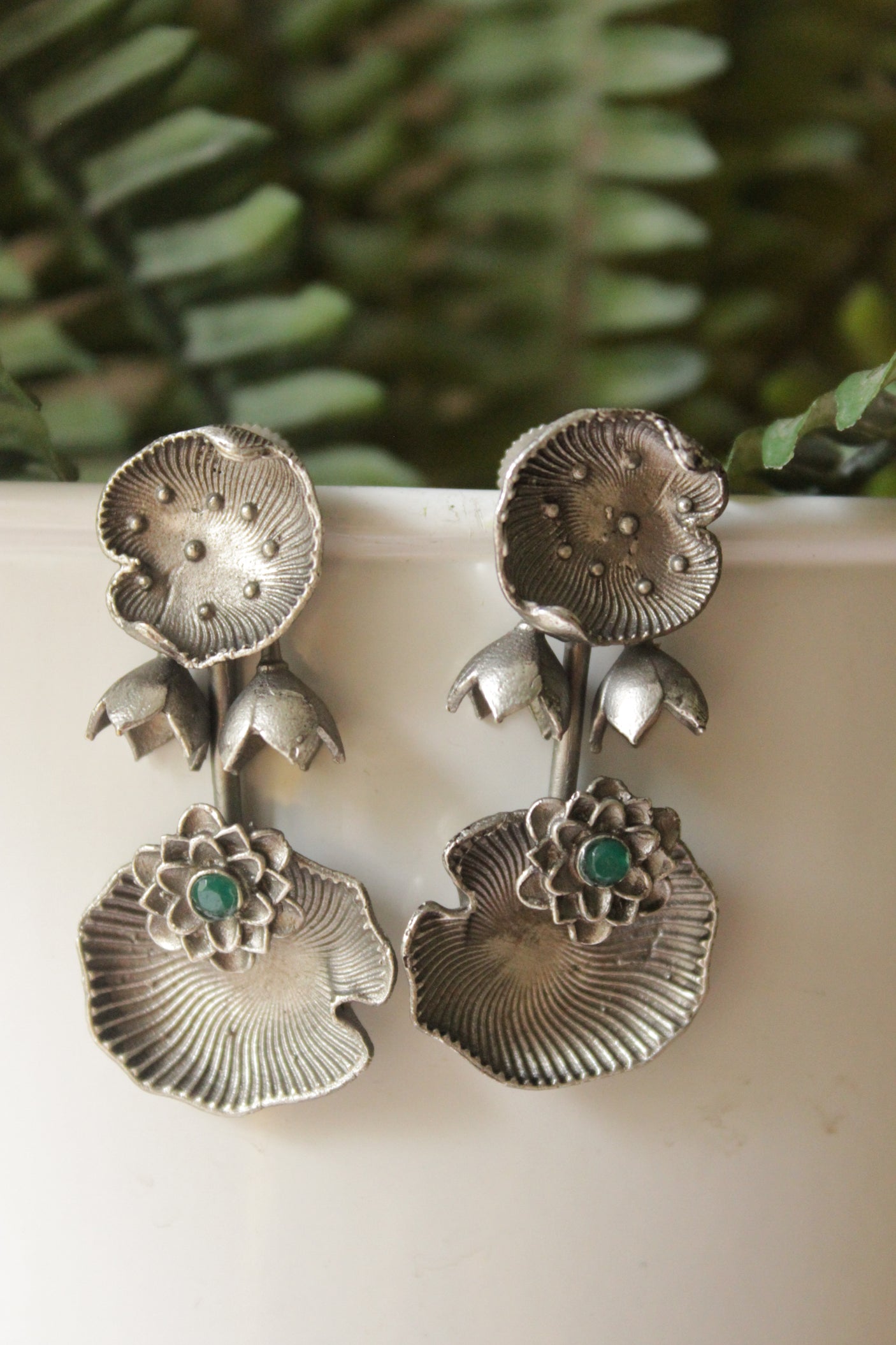 Oxidised Finish Sea Shell and Lotus Flowers Dangler Earrings