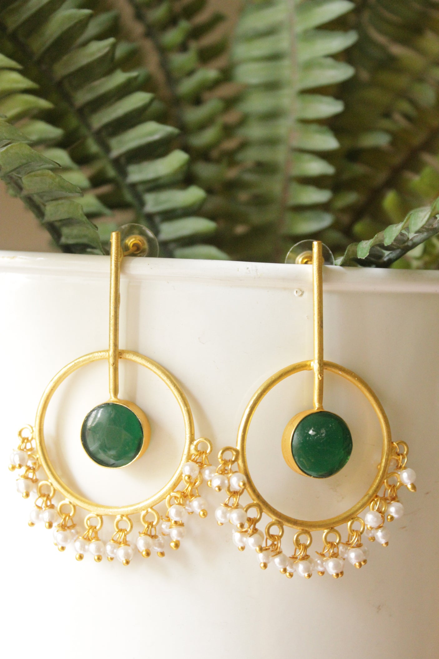 Green Raw Natural Gemstone Embedded Gold Finish Dangler Earrings