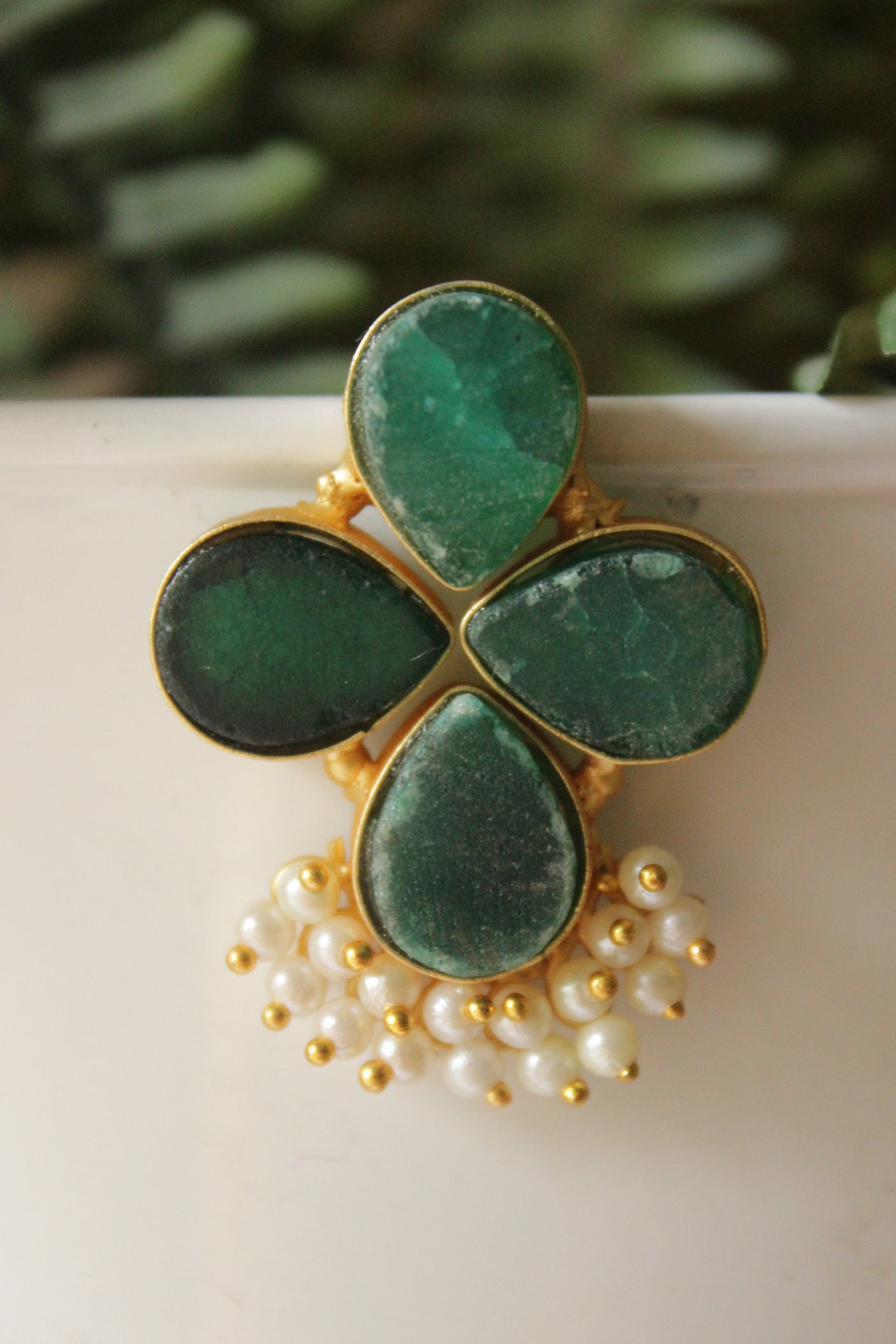 Bottle Green Sugar Druzy Natural Gemstones Embedded Gold Finish Festive Earrings