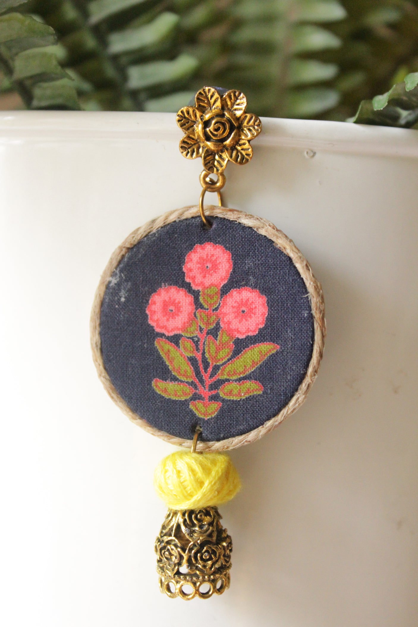 Black Block Printed Flower Motifs Gold Toned Fabric & Metal Earrings