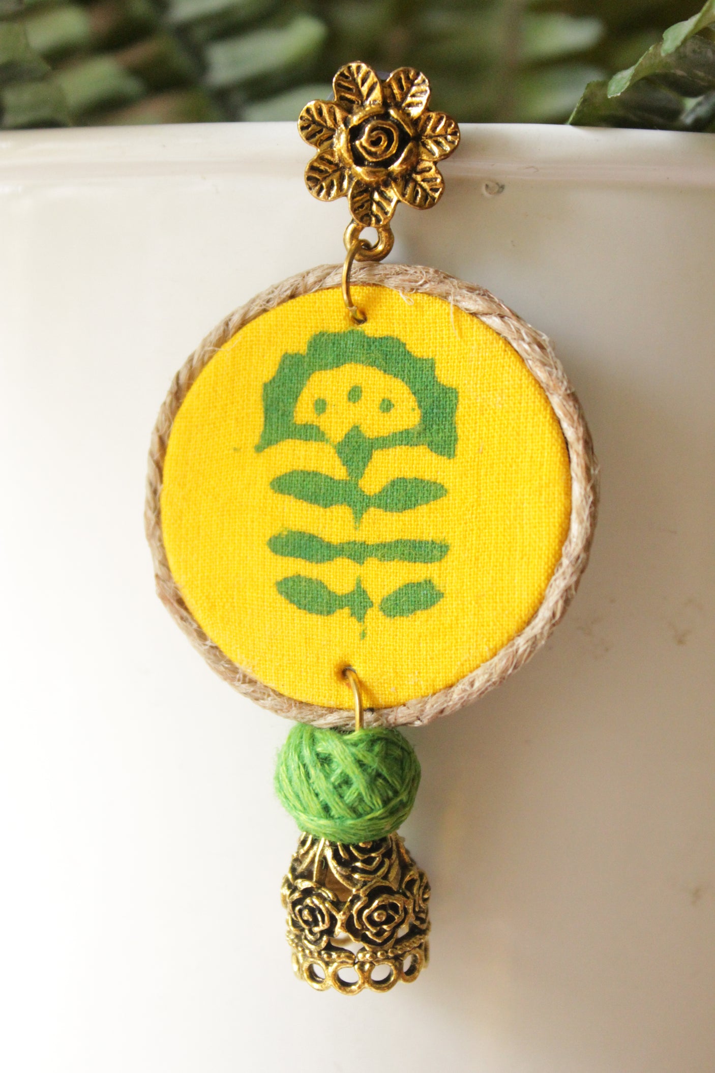 Yellow Block Printed Flower Motifs Gold Toned Fabric & Metal Earrings