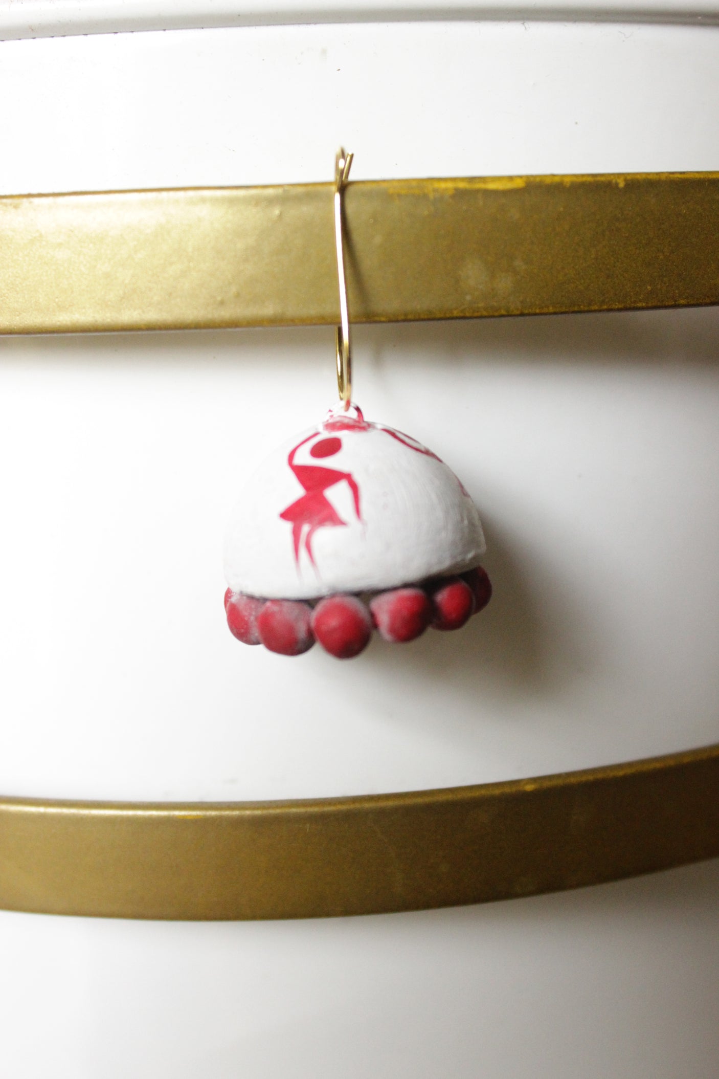 White & Red Hand Painted Tribal Motifs Terracotta Clay Jhumka Earrings