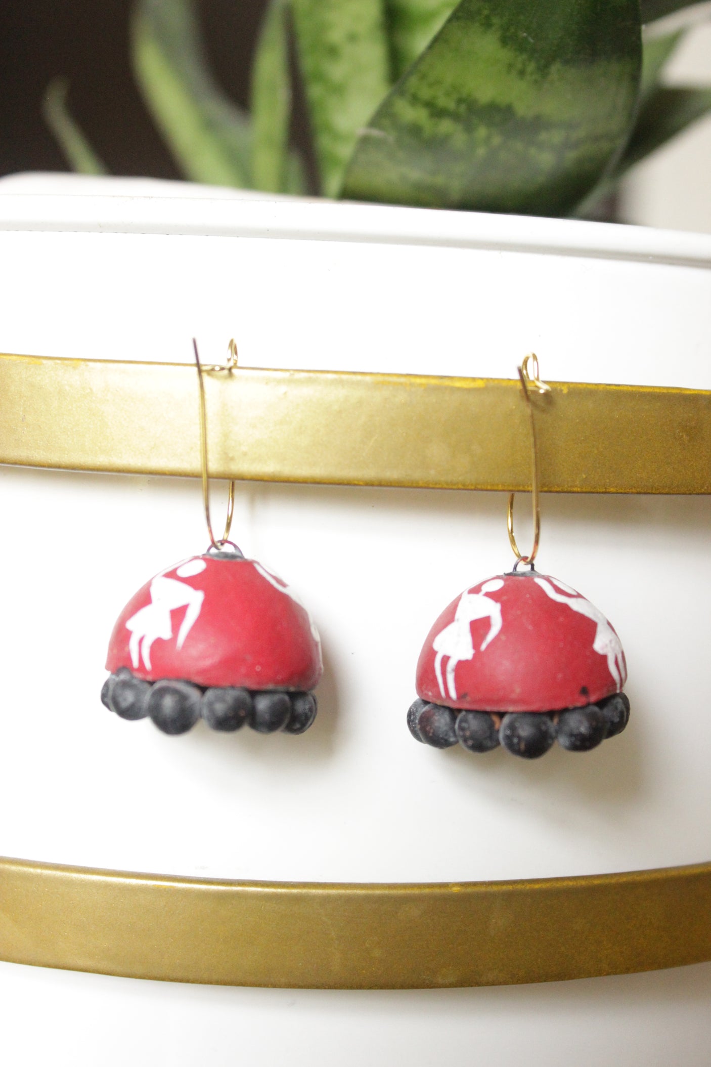 Black, Red & White Hand Painted Tribal Motifs Terracotta Clay Jhumka Earrings