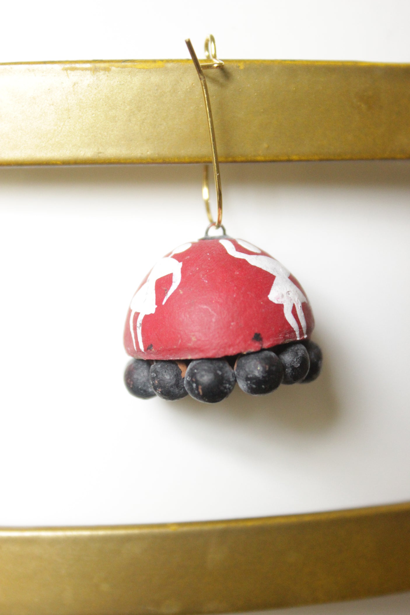 Black, Red & White Hand Painted Tribal Motifs Terracotta Clay Jhumka Earrings