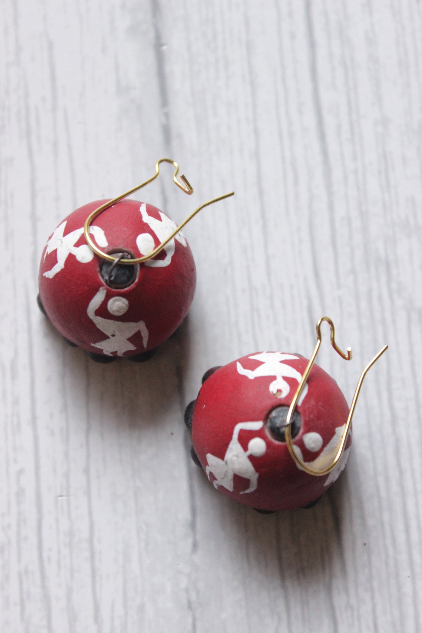 Black, Red & White Hand Painted Tribal Motifs Terracotta Clay Jhumka Earrings