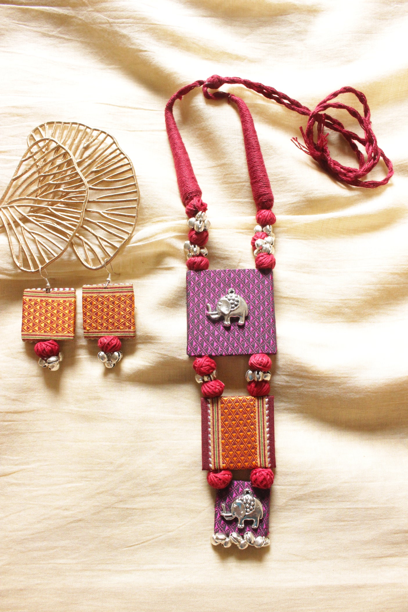 Brocade Fabric Muted Adjustable Length Necklace Set