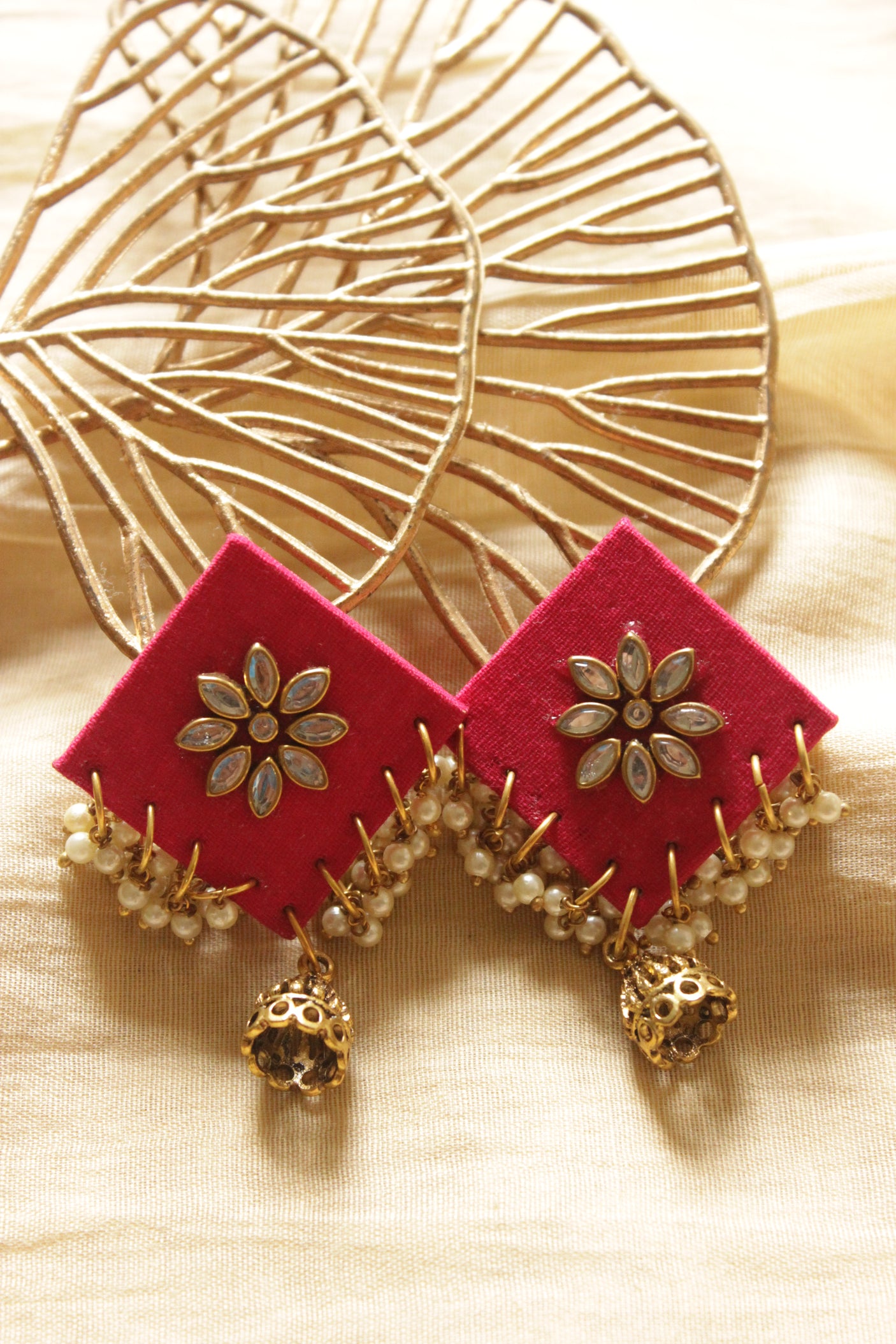 Fuchsia Fabric Kundan Stones Embellished Adjustable Closure Necklace Set