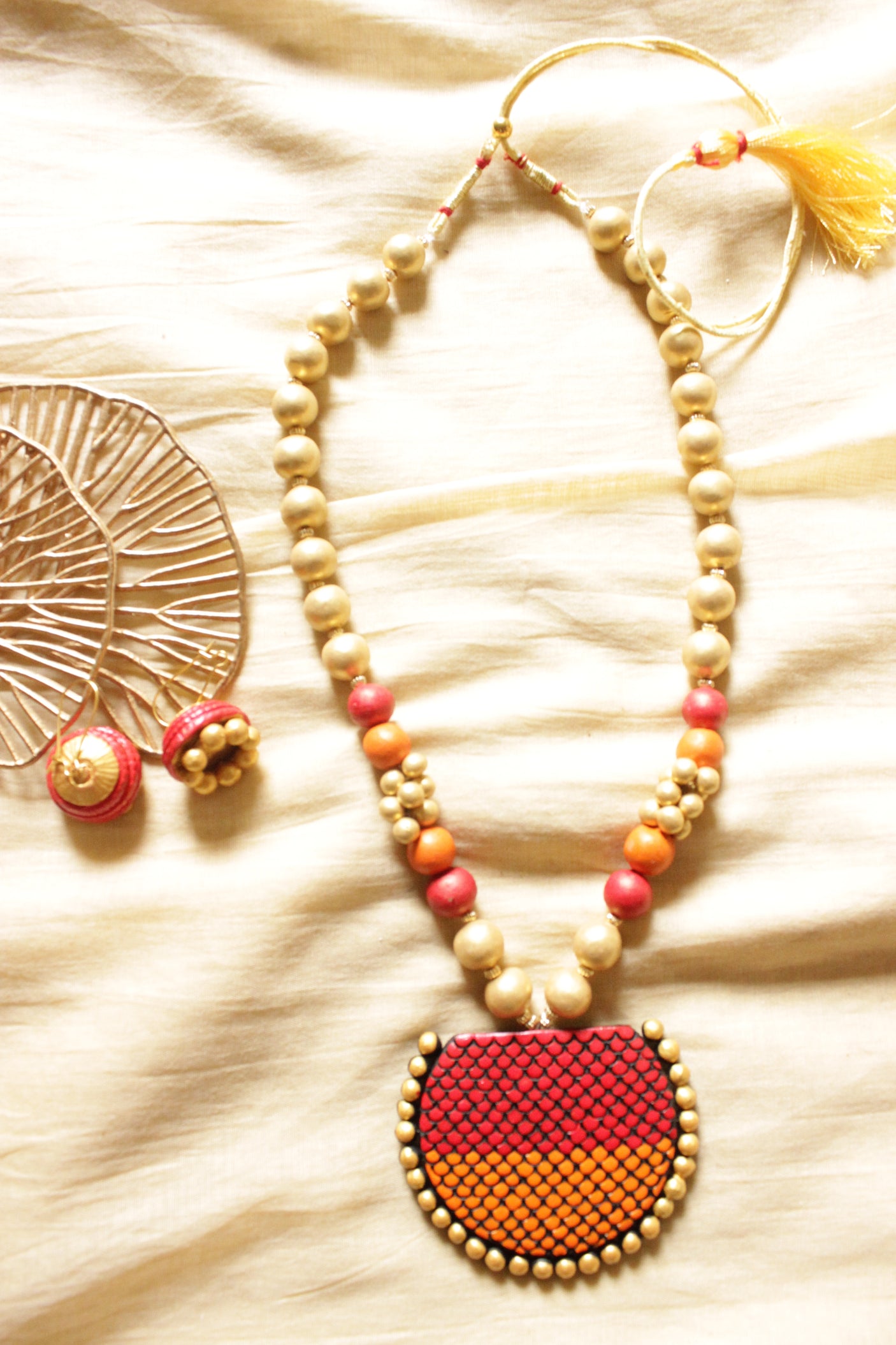 Earthy Gold Toned Handcrafted Terracotta Clay Necklace Set with Jhumka Earrings