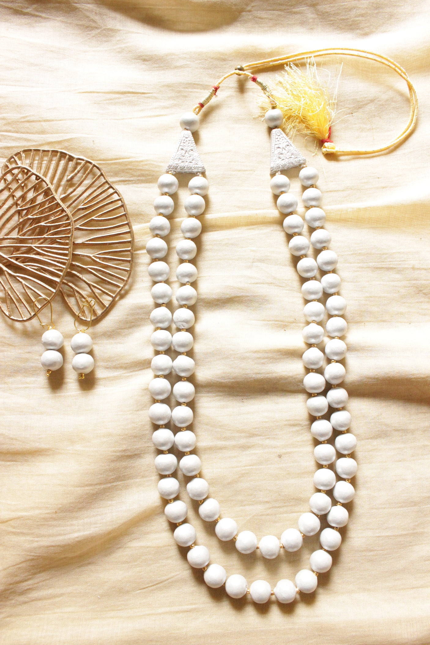 Terracotta Clay Handcrafted White Beads Versatile 2 Layered Necklace Set