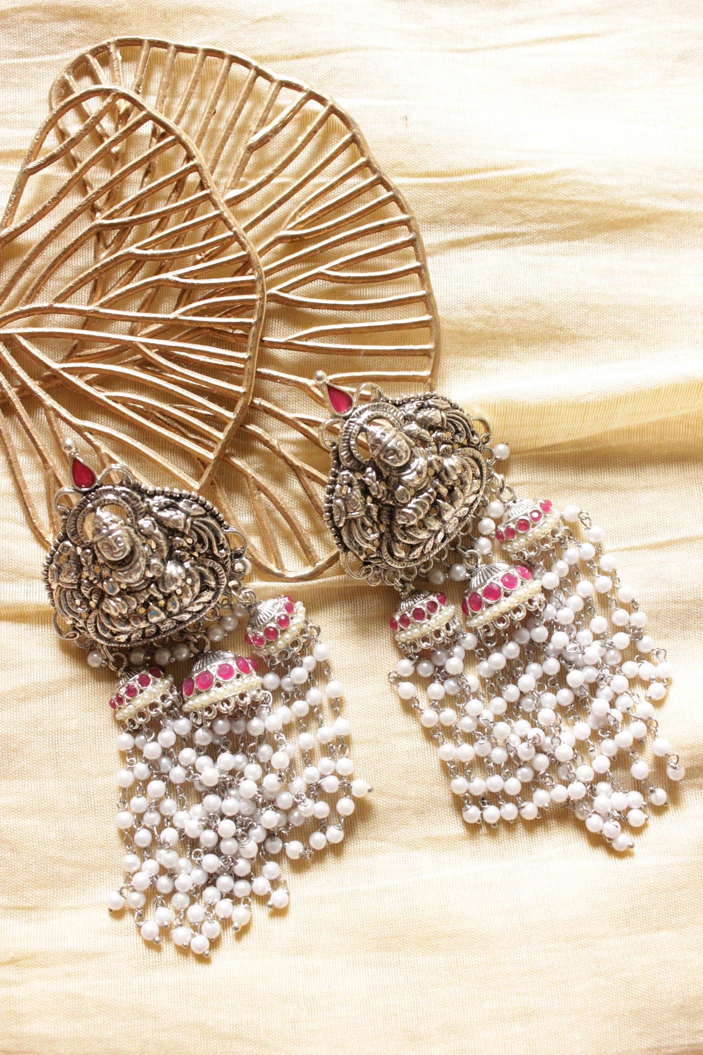 Religious Motif Oxidised Finish White Beads Chain Strings Jhumka Earrings