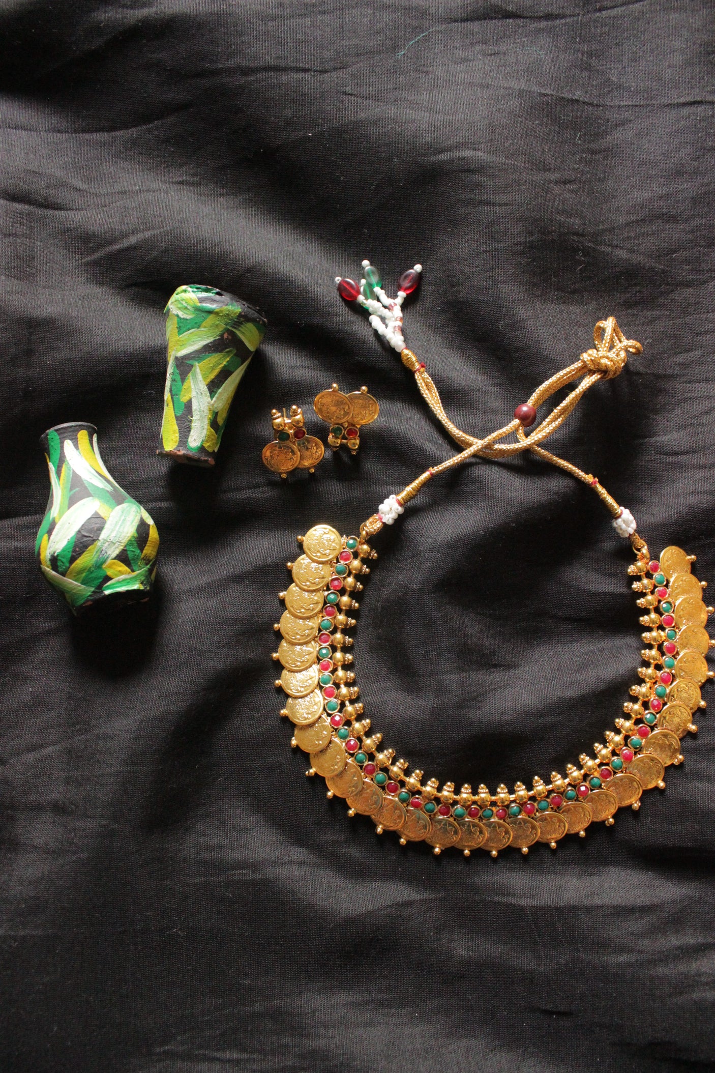 Religious Motifs Stamped Coins Red & Green Stones Temple Jewelry Choker Necklace Set