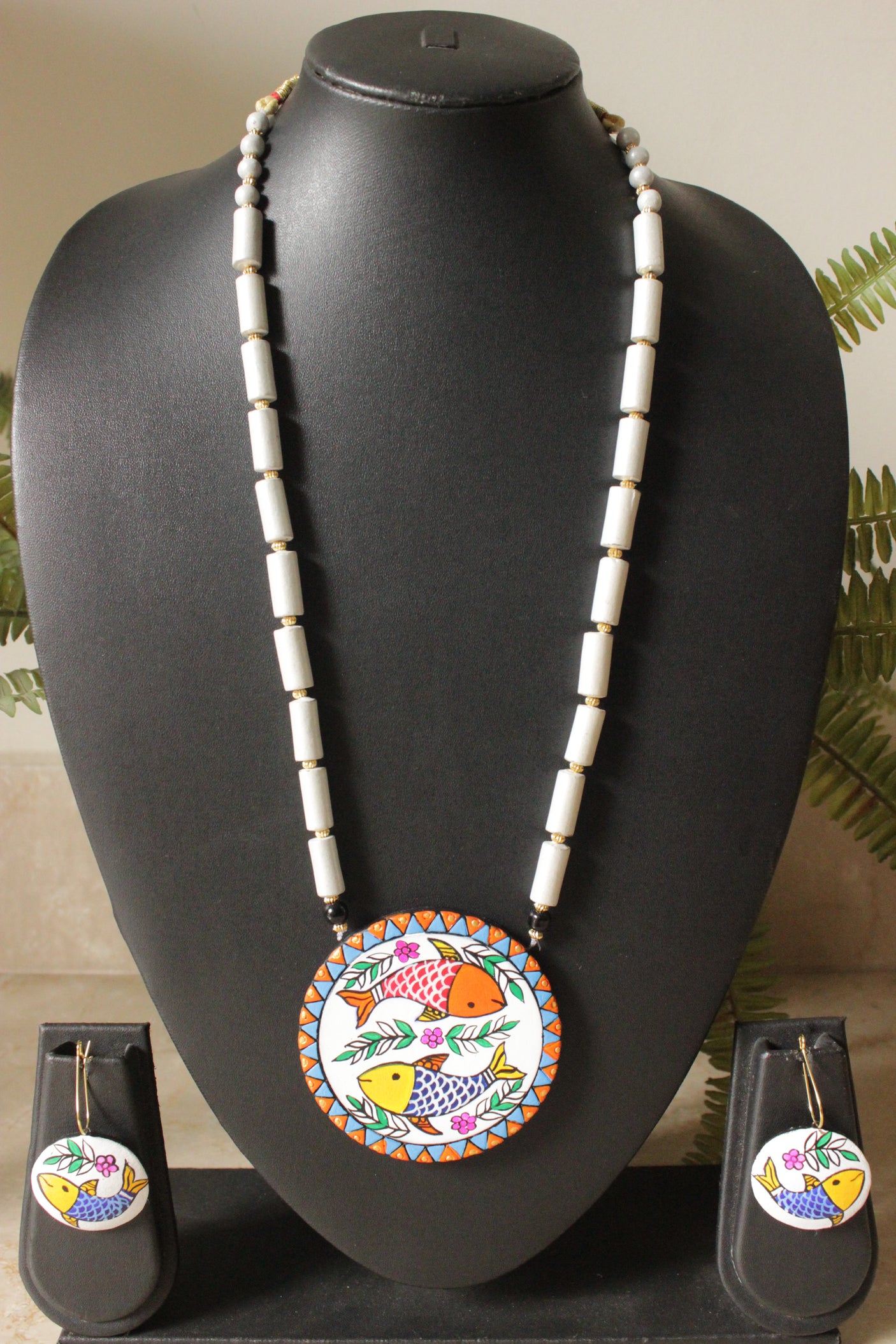 Hand Painted Fishes Terracotta Clay Necklace Set