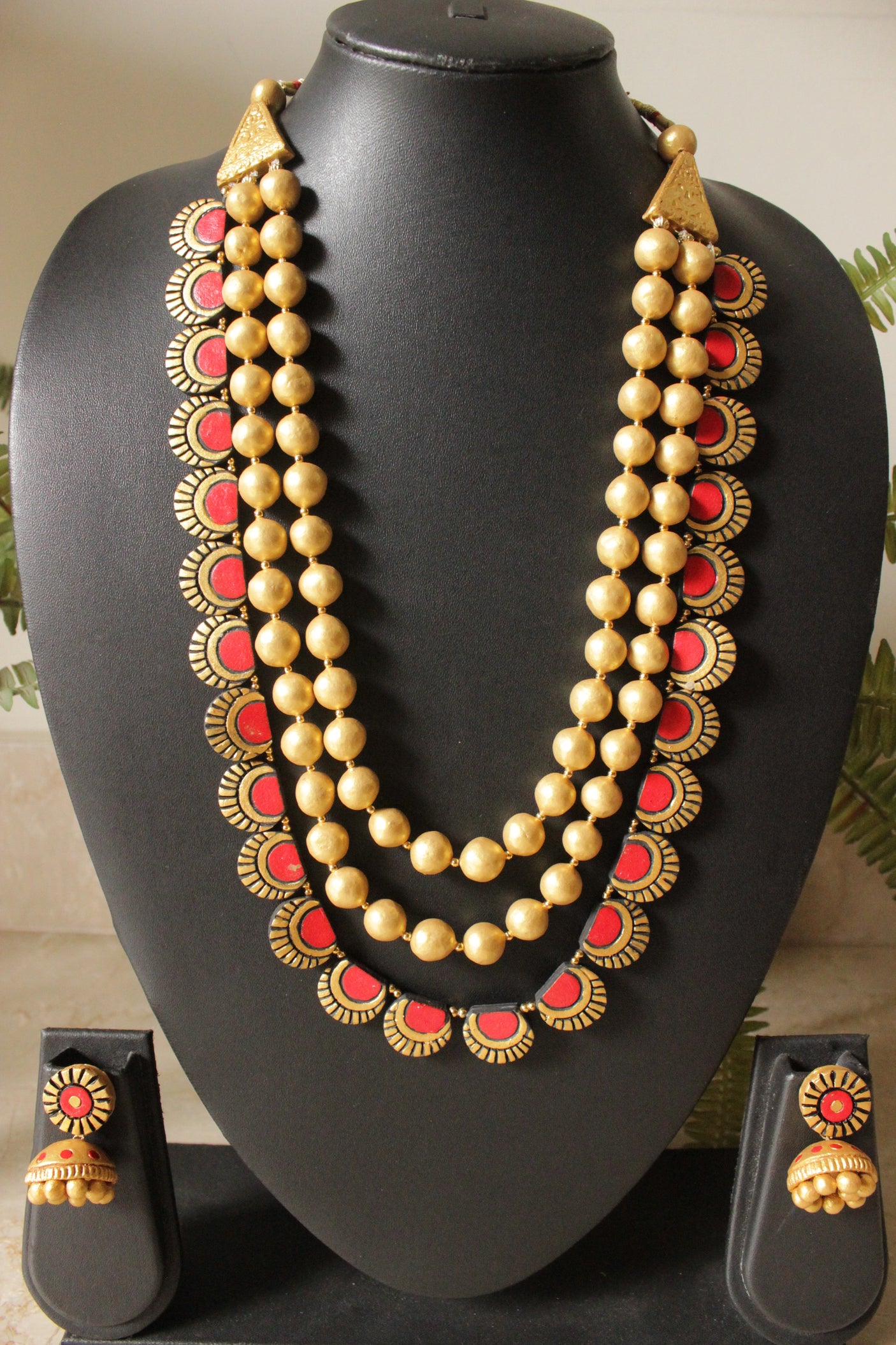 Gold Toned Festive Terracotta Clay 3 Layered Handcrafted Necklace Set