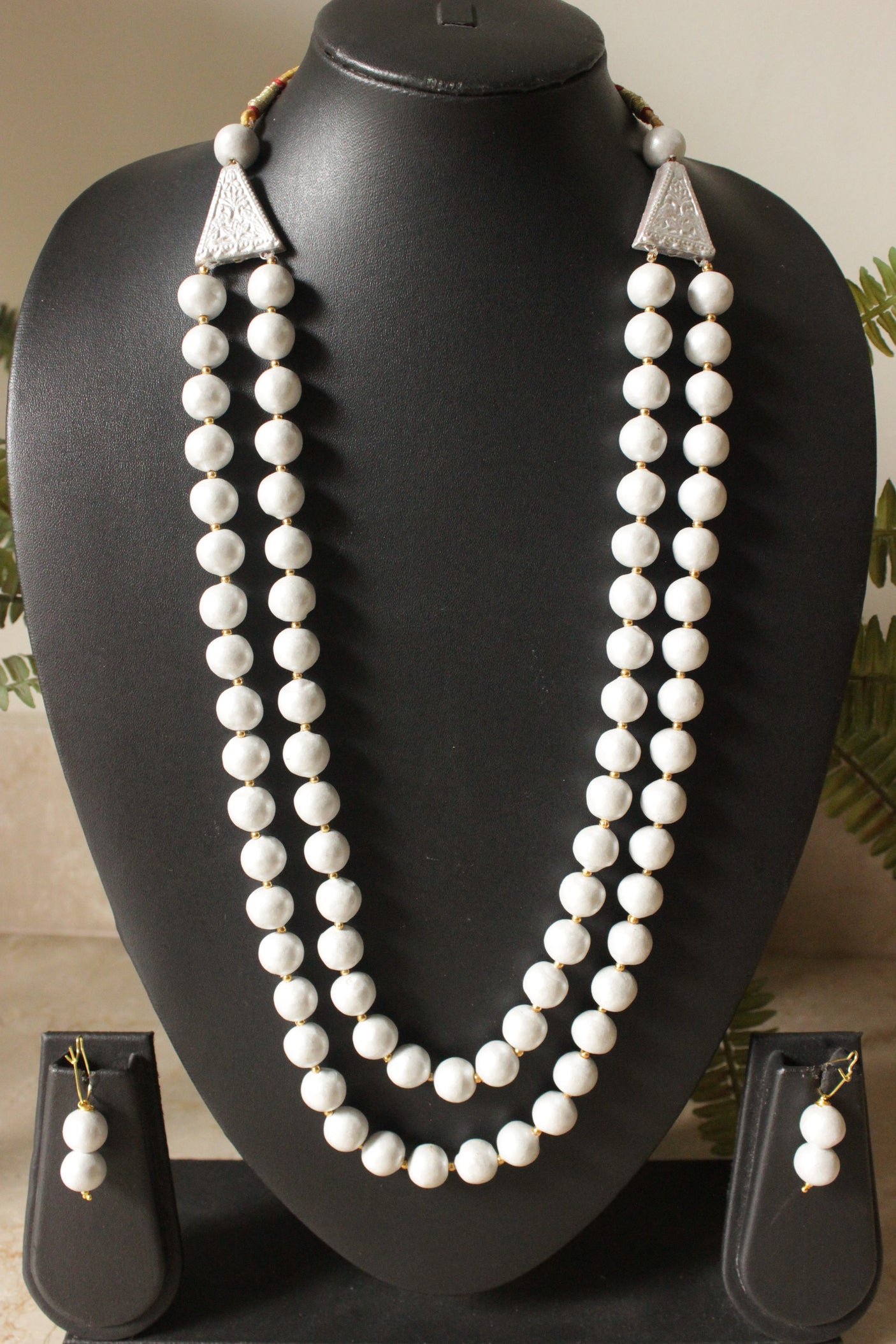Terracotta Clay Handcrafted White Beads Versatile 2 Layered Necklace Set