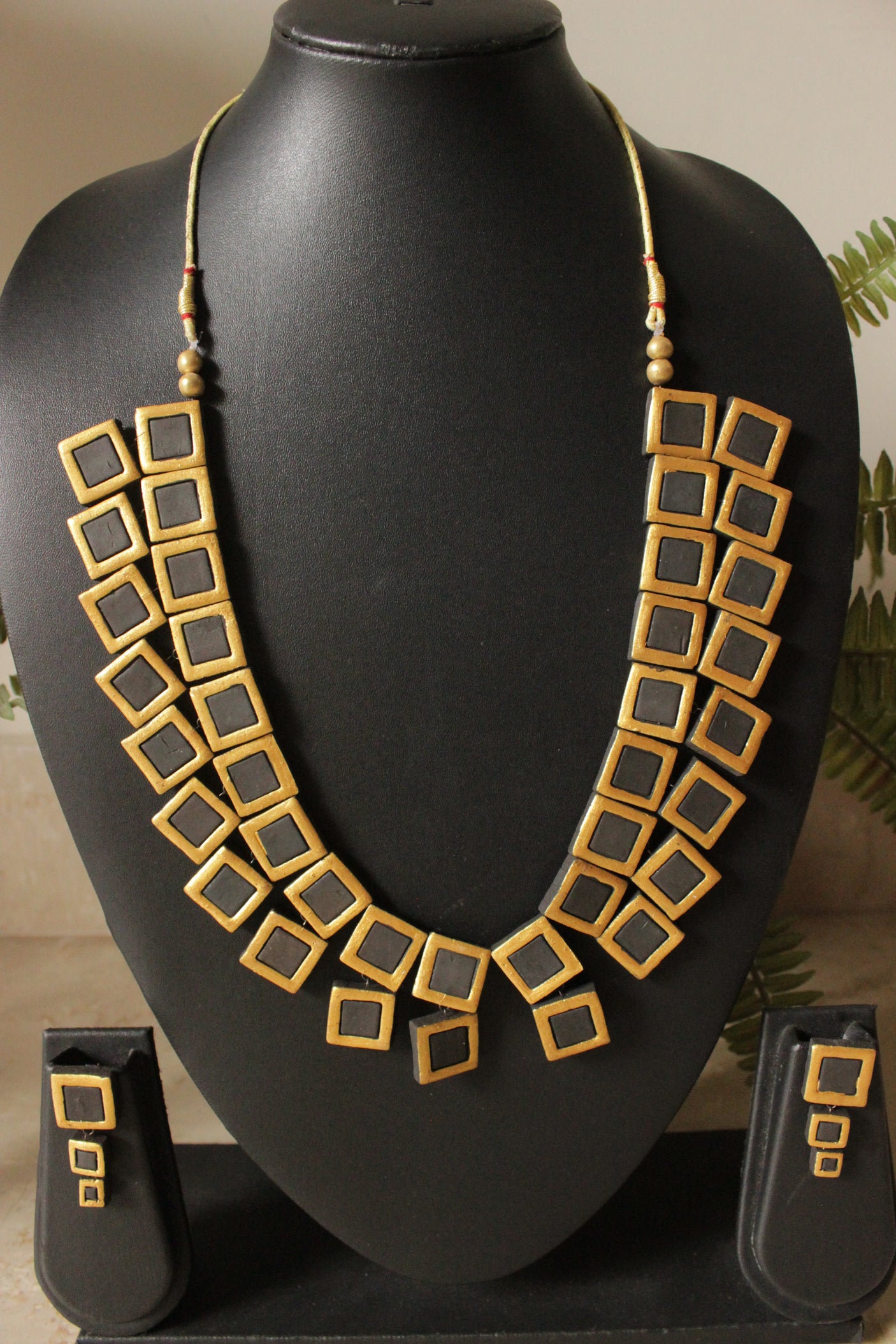 Black & Golden Square Beads Terracotta Clay Handcrafted Necklace Set