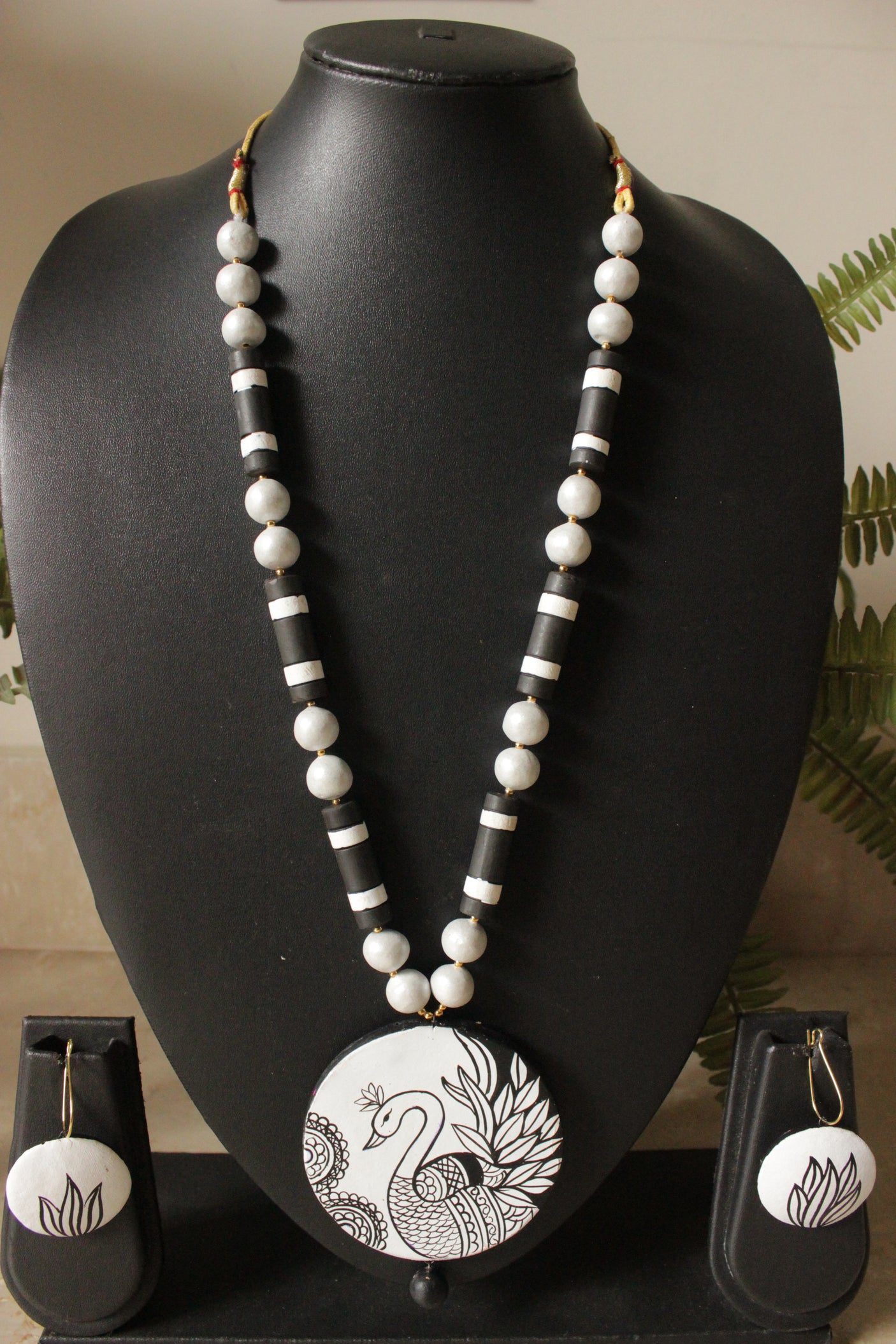 Monochrome Hand Painted Peacock Teracotta Clay Necklace Set