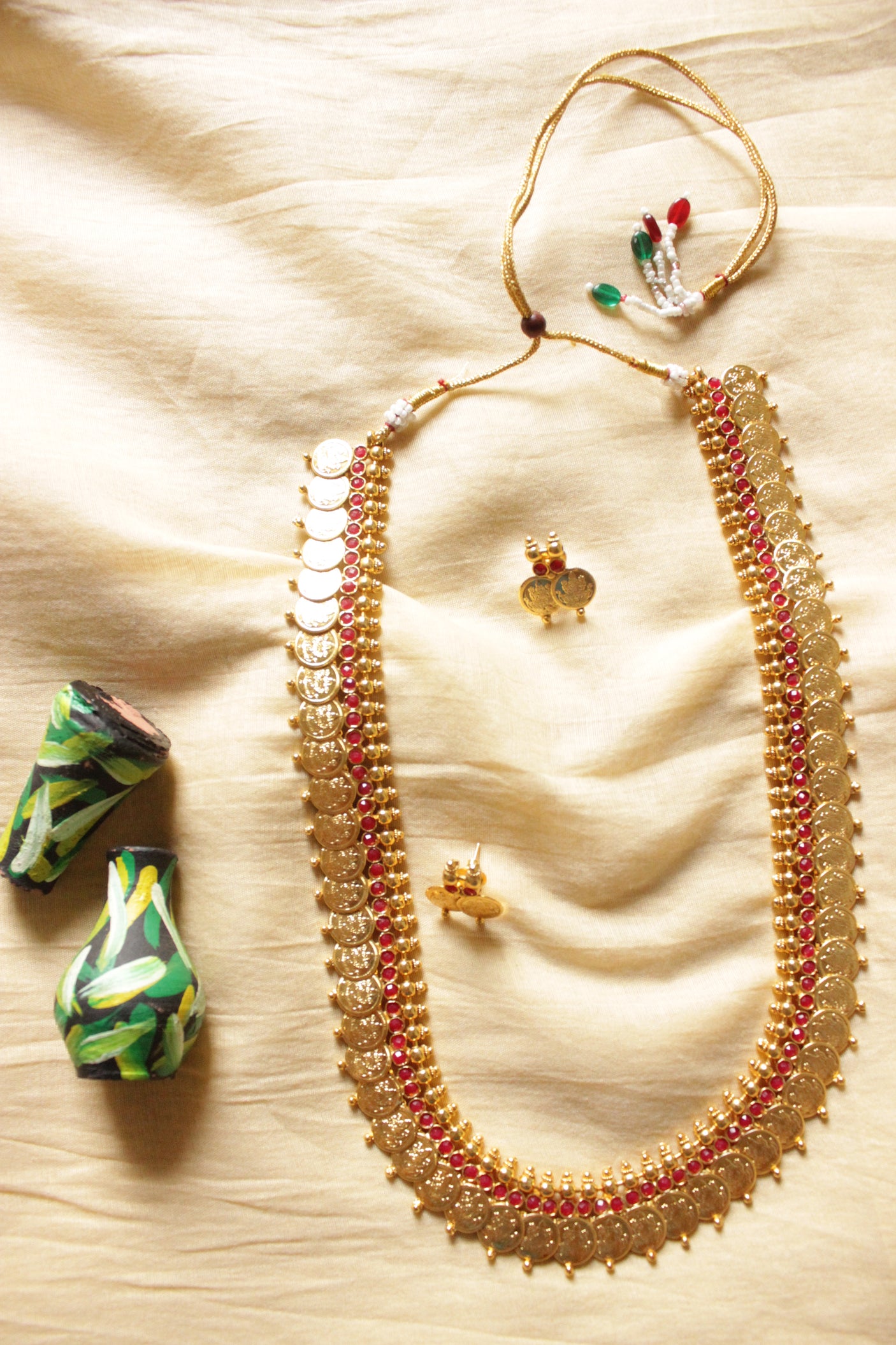 Religious Motifs Stamped Coins Red & Green Stones Temple Jewelry Long Necklace Set