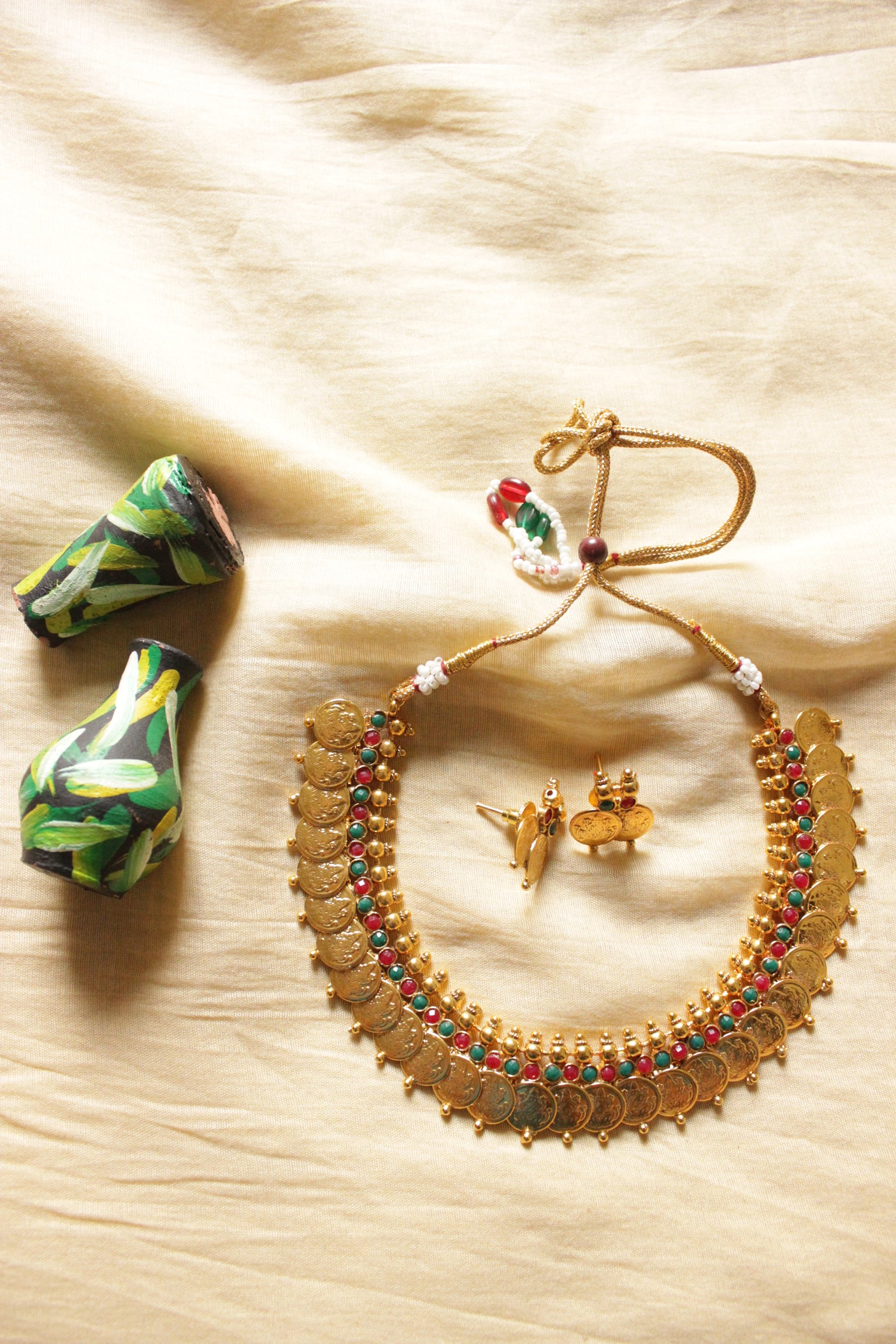 Religious Motifs Stamped Coins Red & Green Stones Temple Jewelry Choker Necklace Set