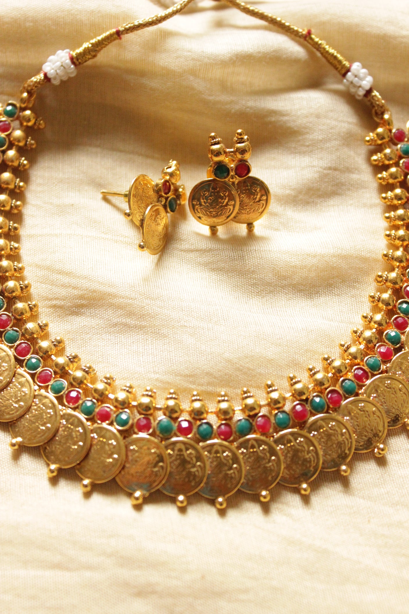 Religious Motifs Stamped Coins Red & Green Stones Temple Jewelry Choker Necklace Set