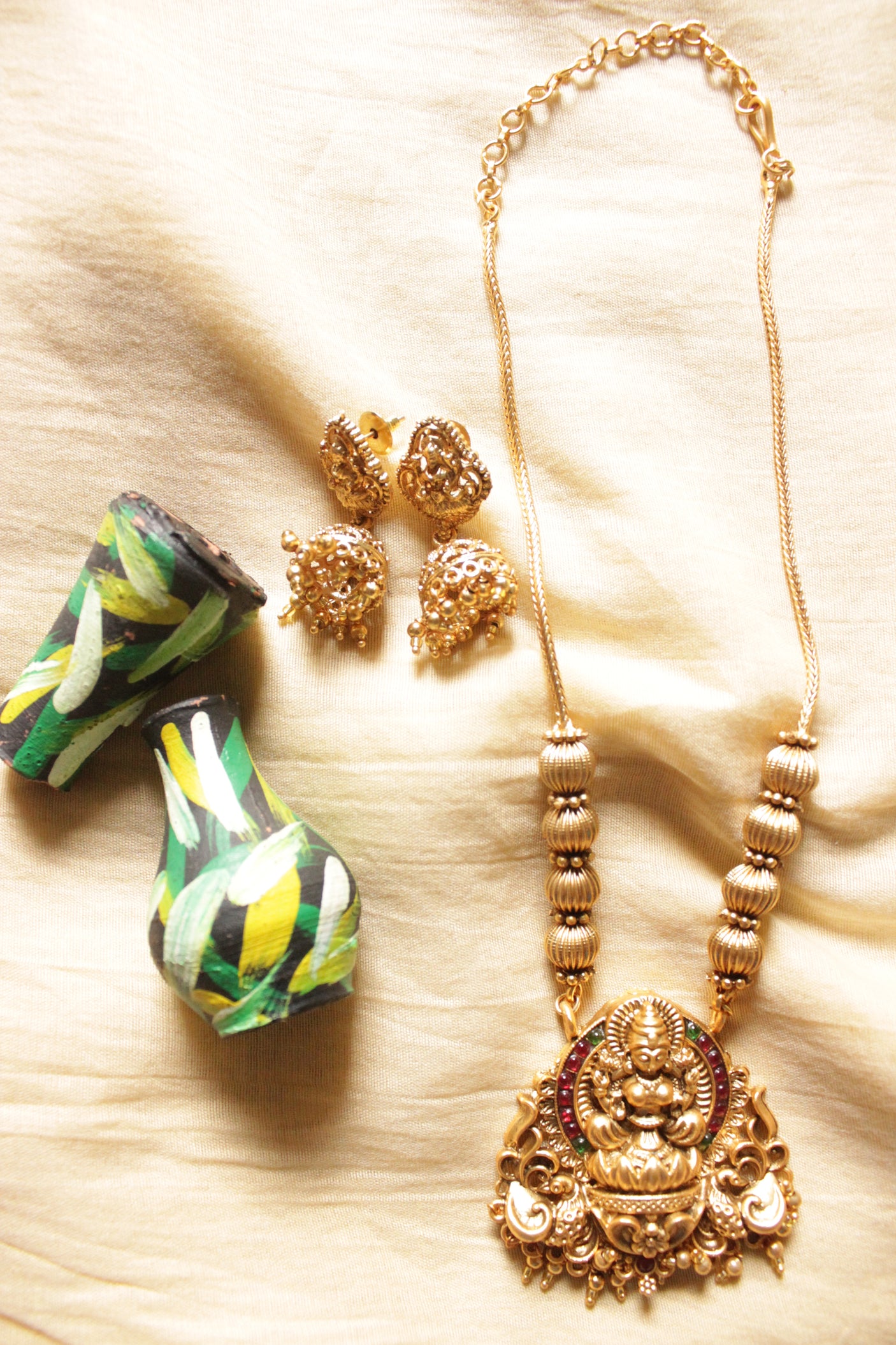 Dull Gold Finish Antique Religious Motifs Long Chain Temple Jewelry Necklace Set