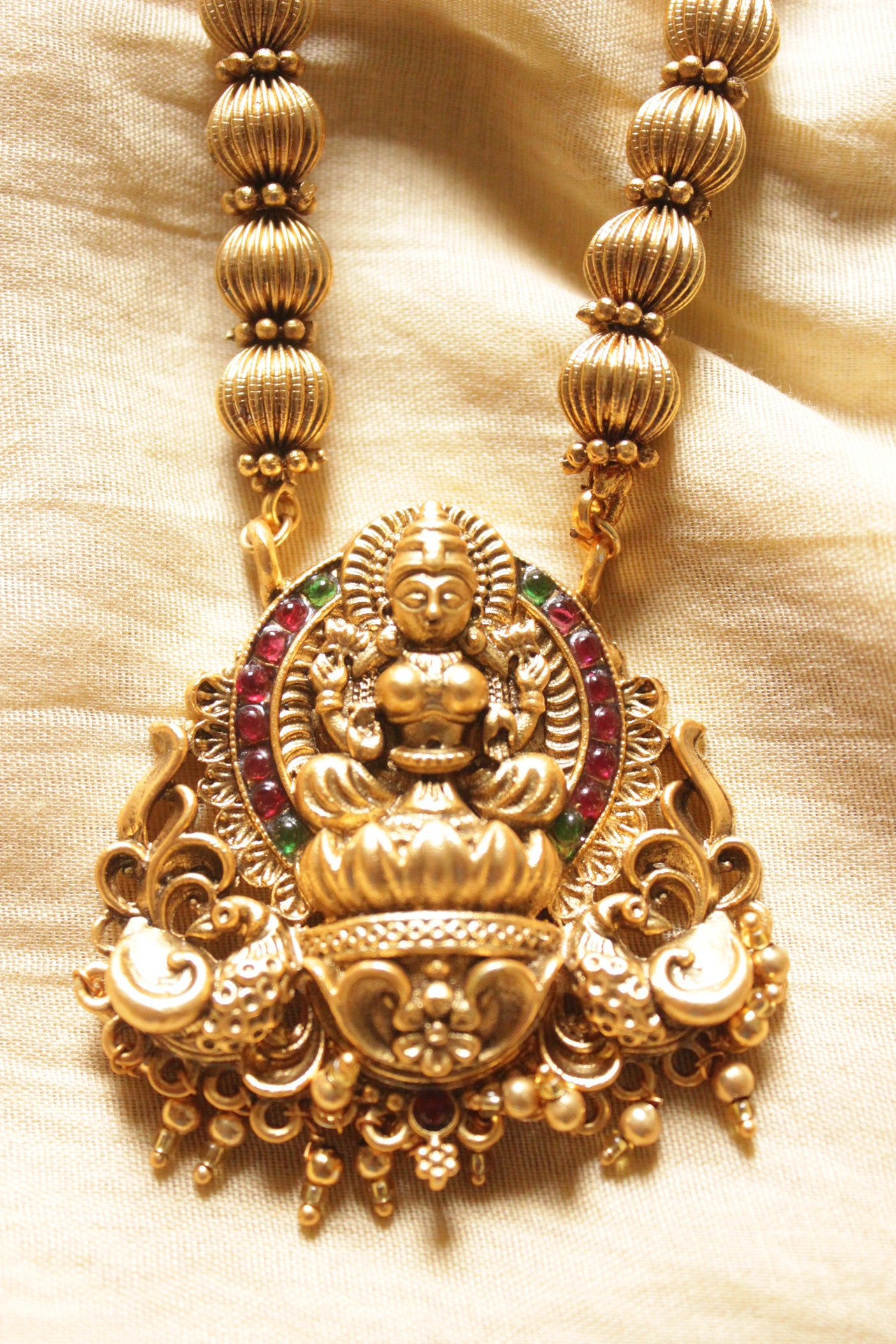 Dull Gold Finish Antique Religious Motifs Long Chain Temple Jewelry Necklace Set