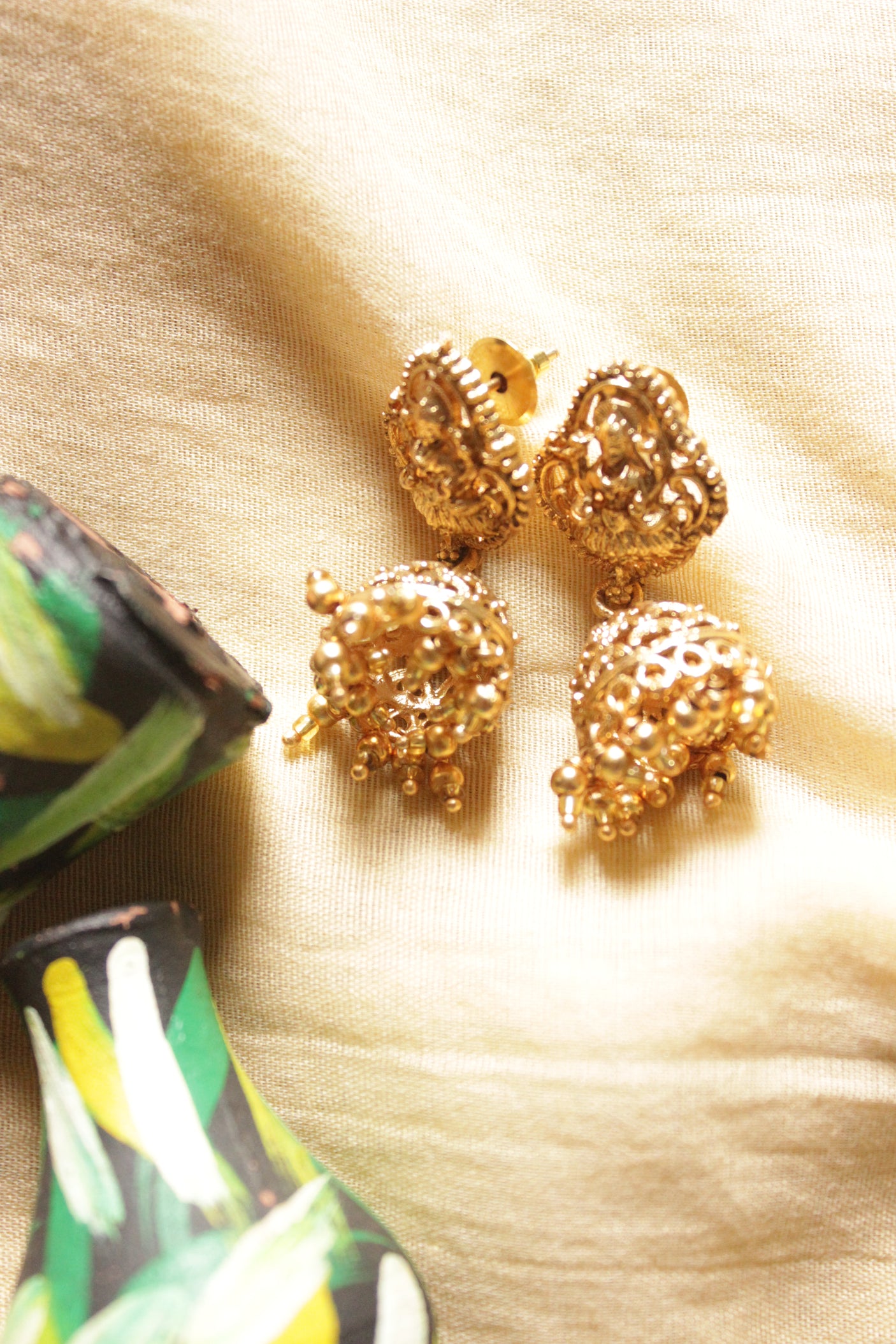 Dull Gold Finish Antique Religious Motifs Long Chain Temple Jewelry Necklace Set